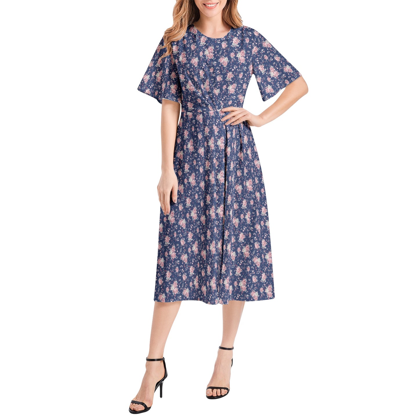 Short Sleeve Waist Folding Midi Dress