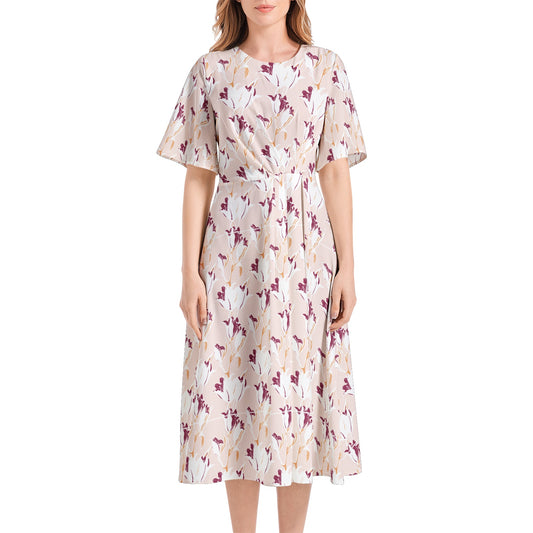 Short Sleeve Waist Folding Midi Dress
