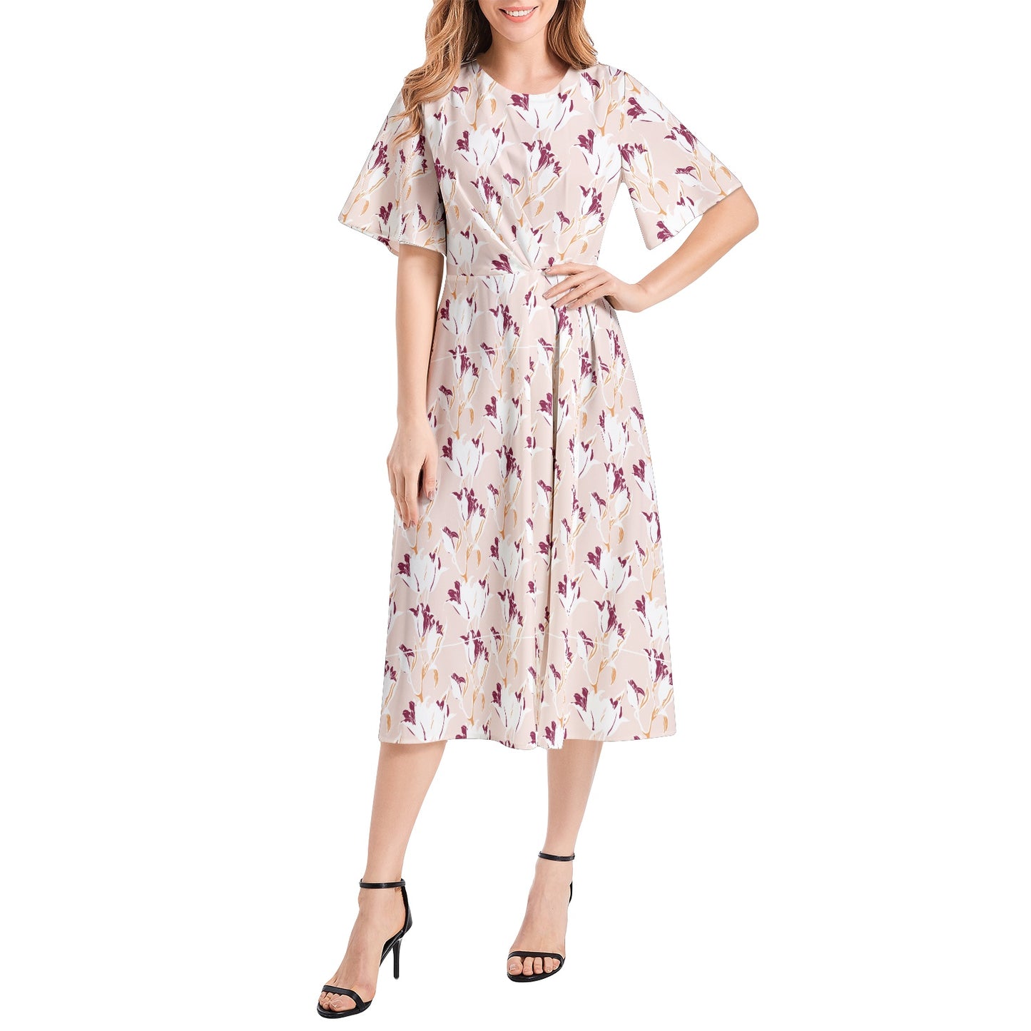 Short Sleeve Waist Folding Midi Dress