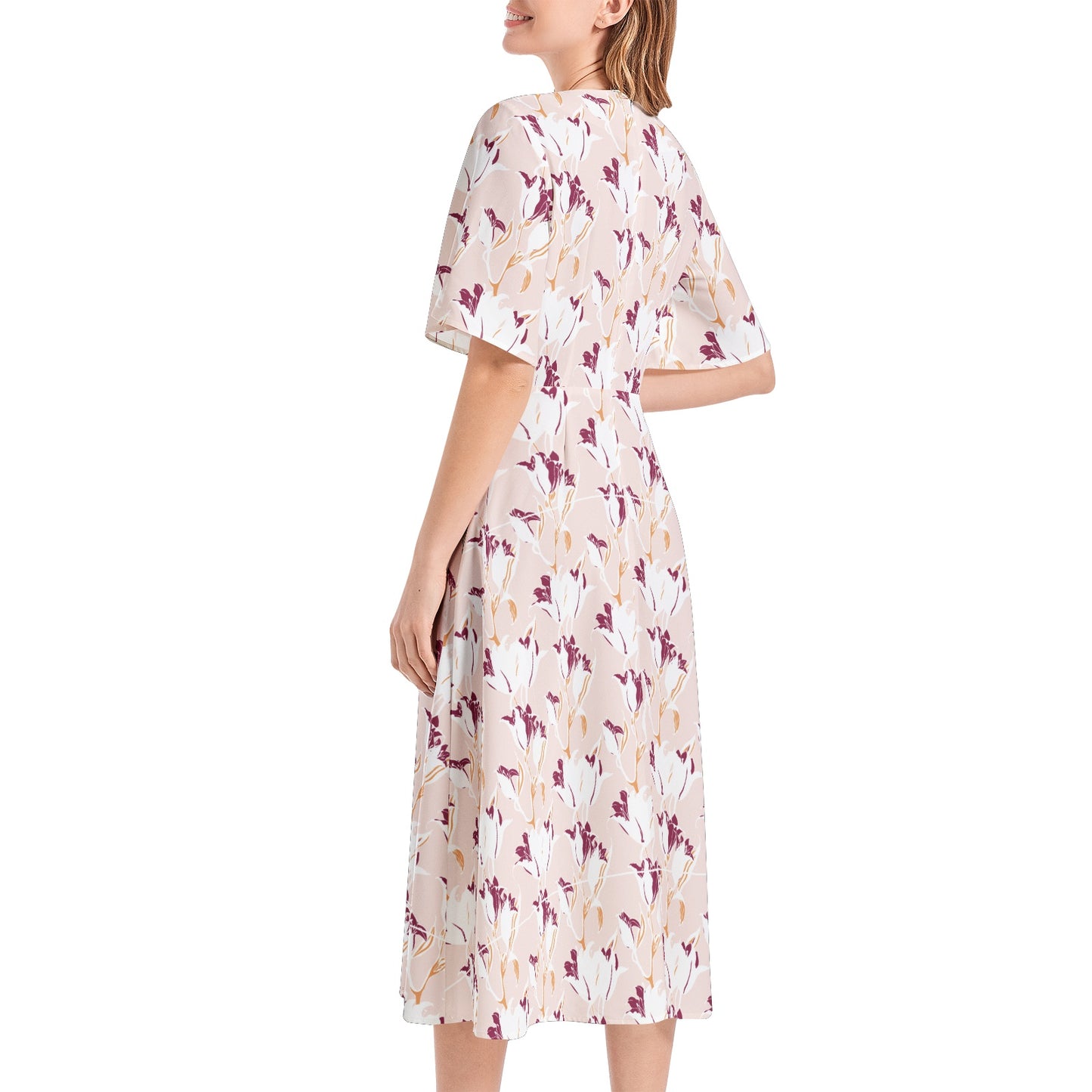 Short Sleeve Waist Folding Midi Dress