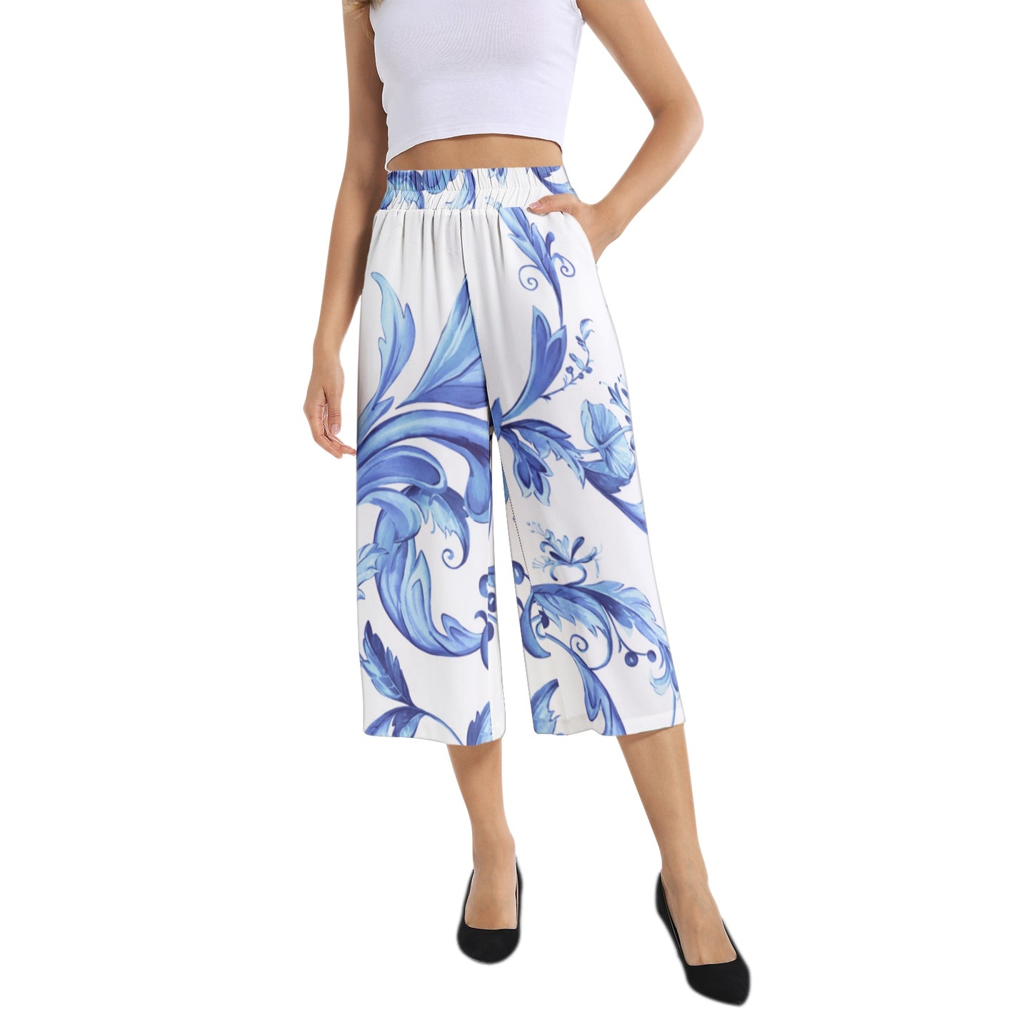 Elastic Waist Capris Wide Leg Pant