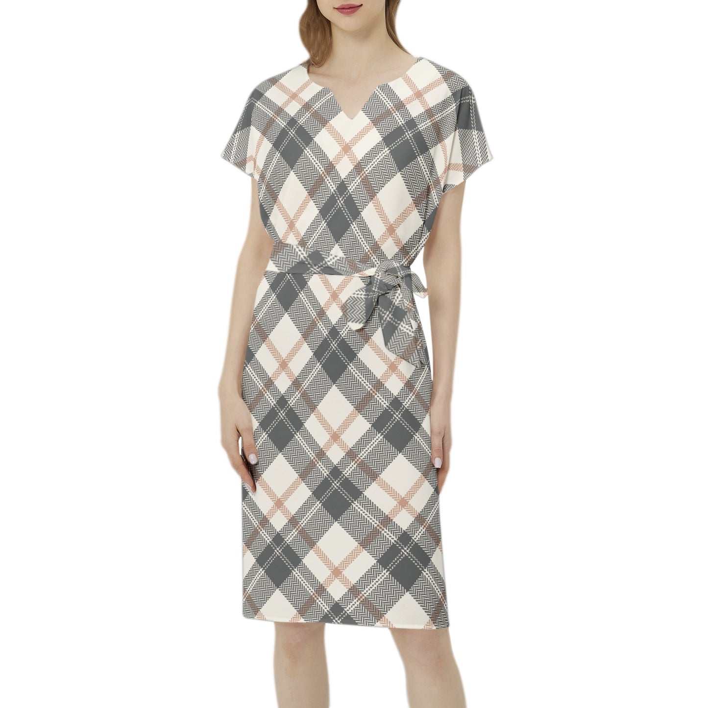 Betwing Seleeve Notch Neck Casual Dress with Belt