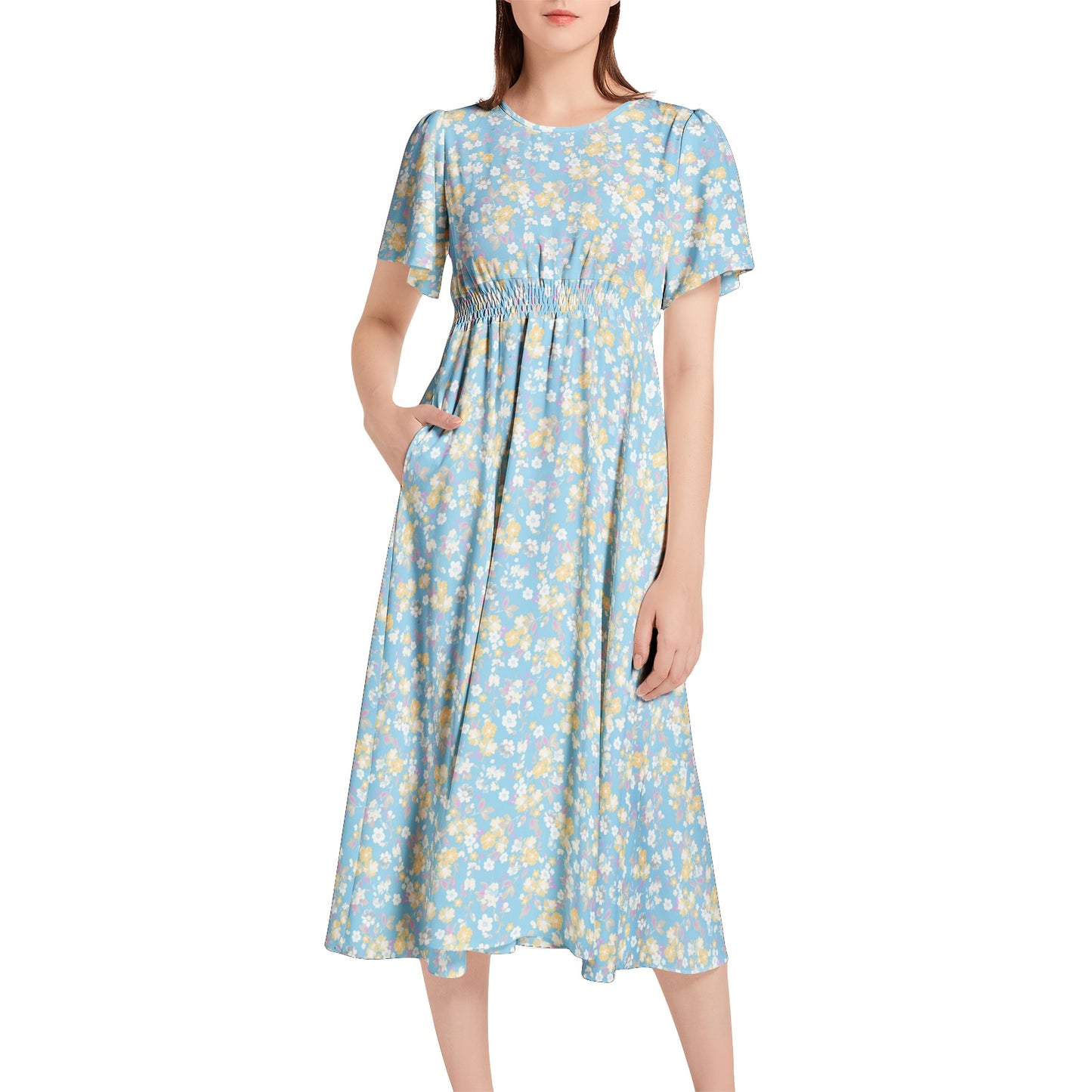 Short Sleeve Shirred Waist Midi Dress