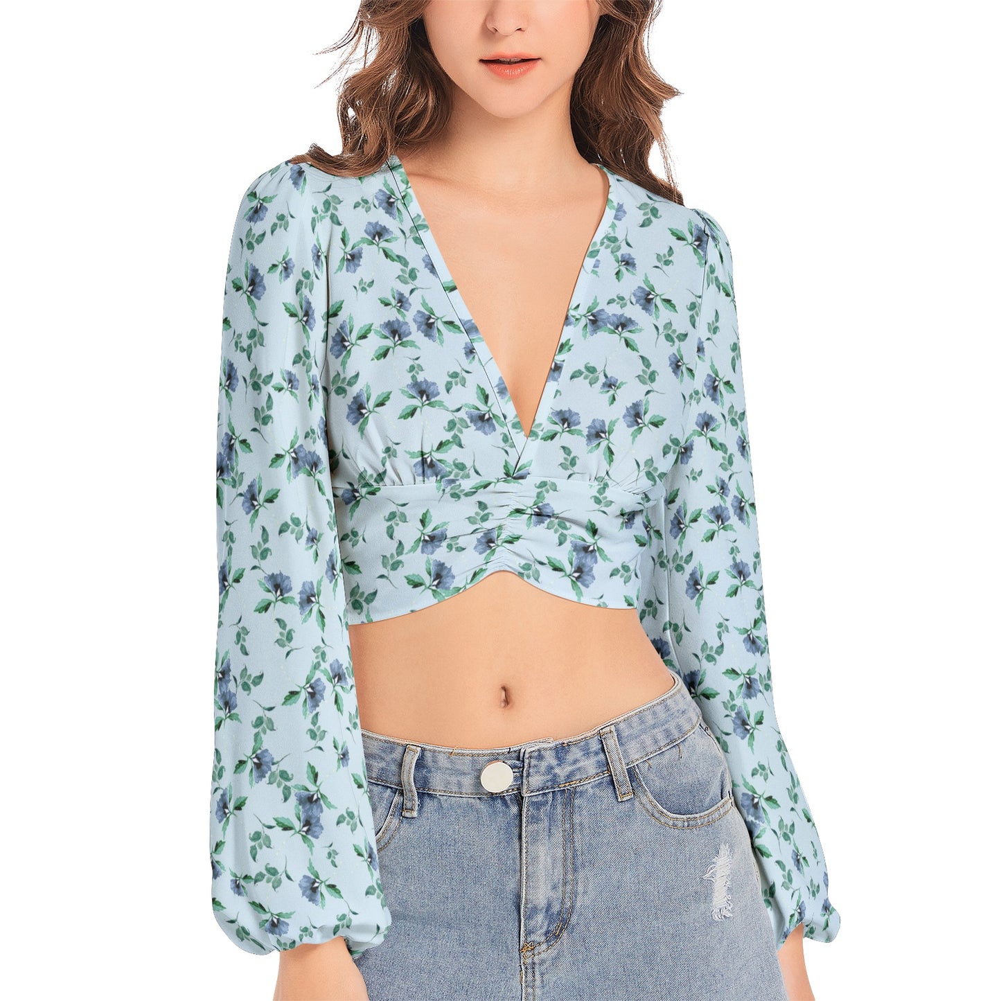 Women's Deep V-Neck Lantern Sleeve Crop Top