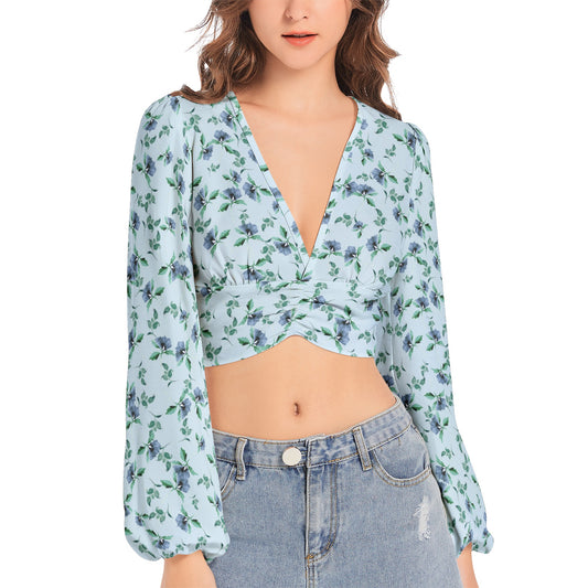 Women's Deep V-Neck Lantern Sleeve Crop Top