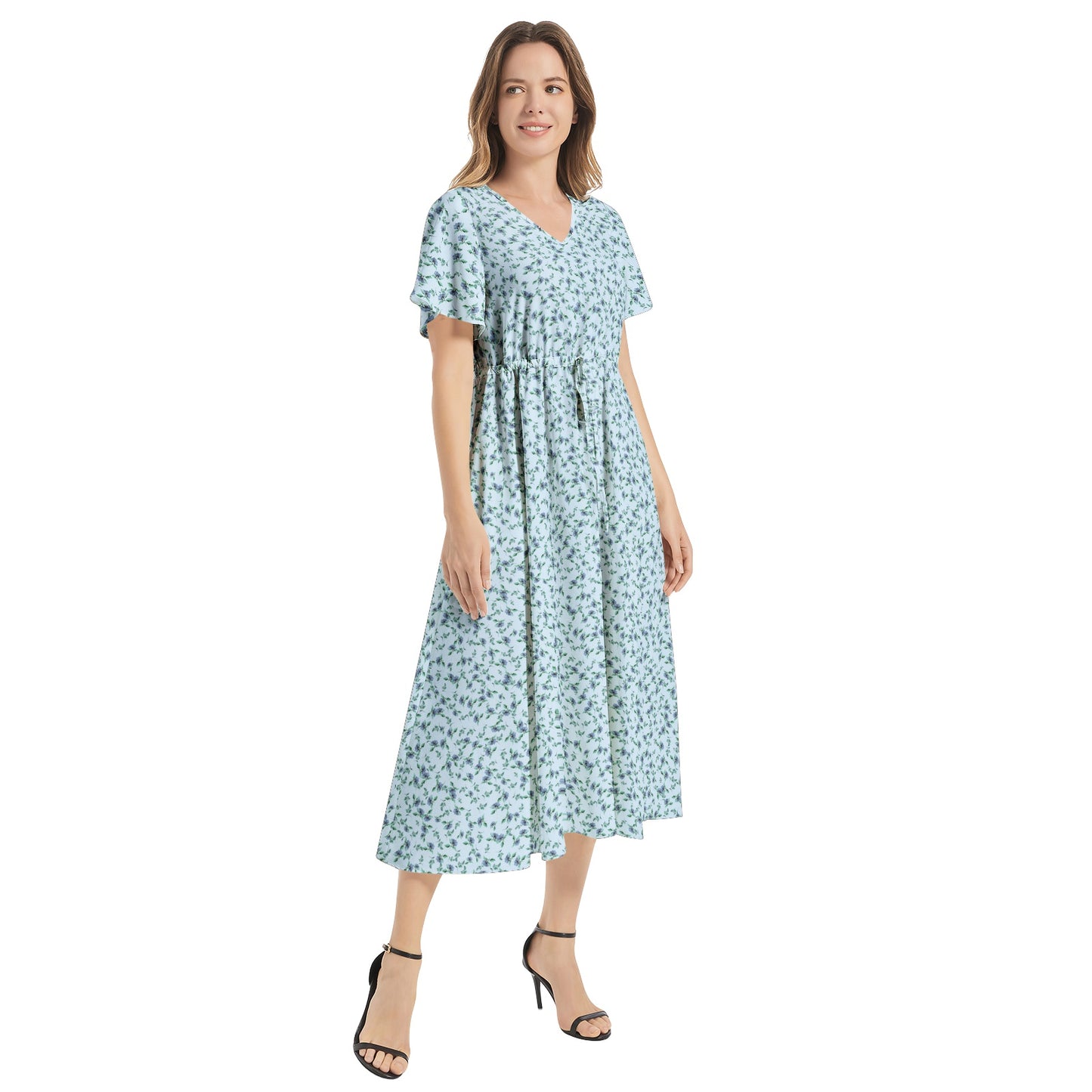 Flutter Sleeve Drawstring Waist Flared Dress