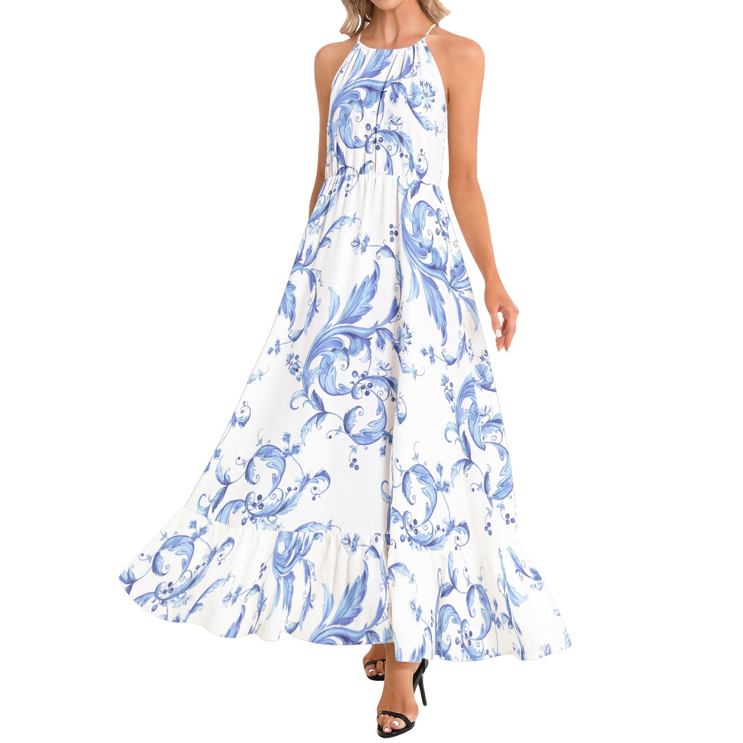 Ruffle Hem Halter Neck Maxi Dress