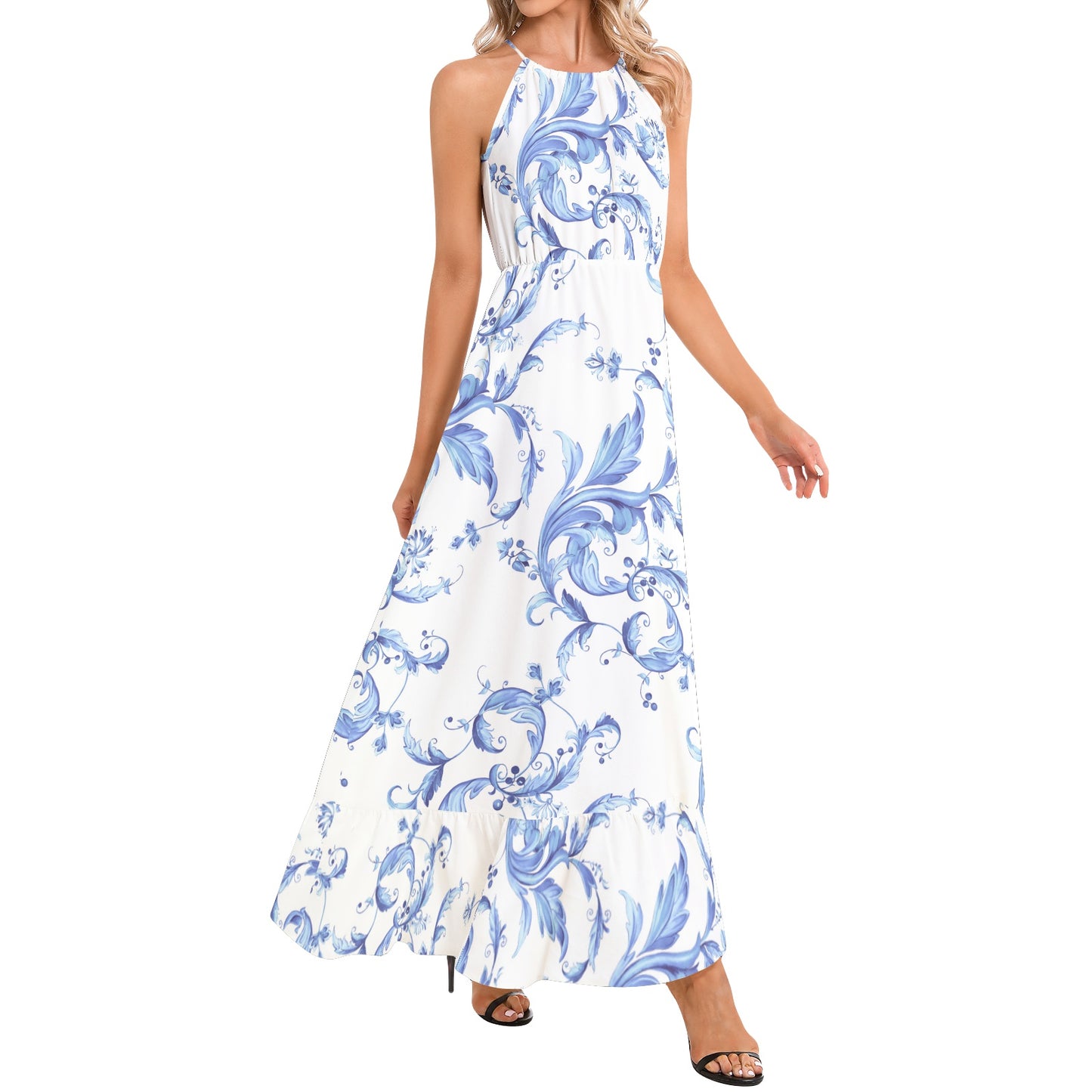 Ruffle Hem Halter Neck Maxi Dress