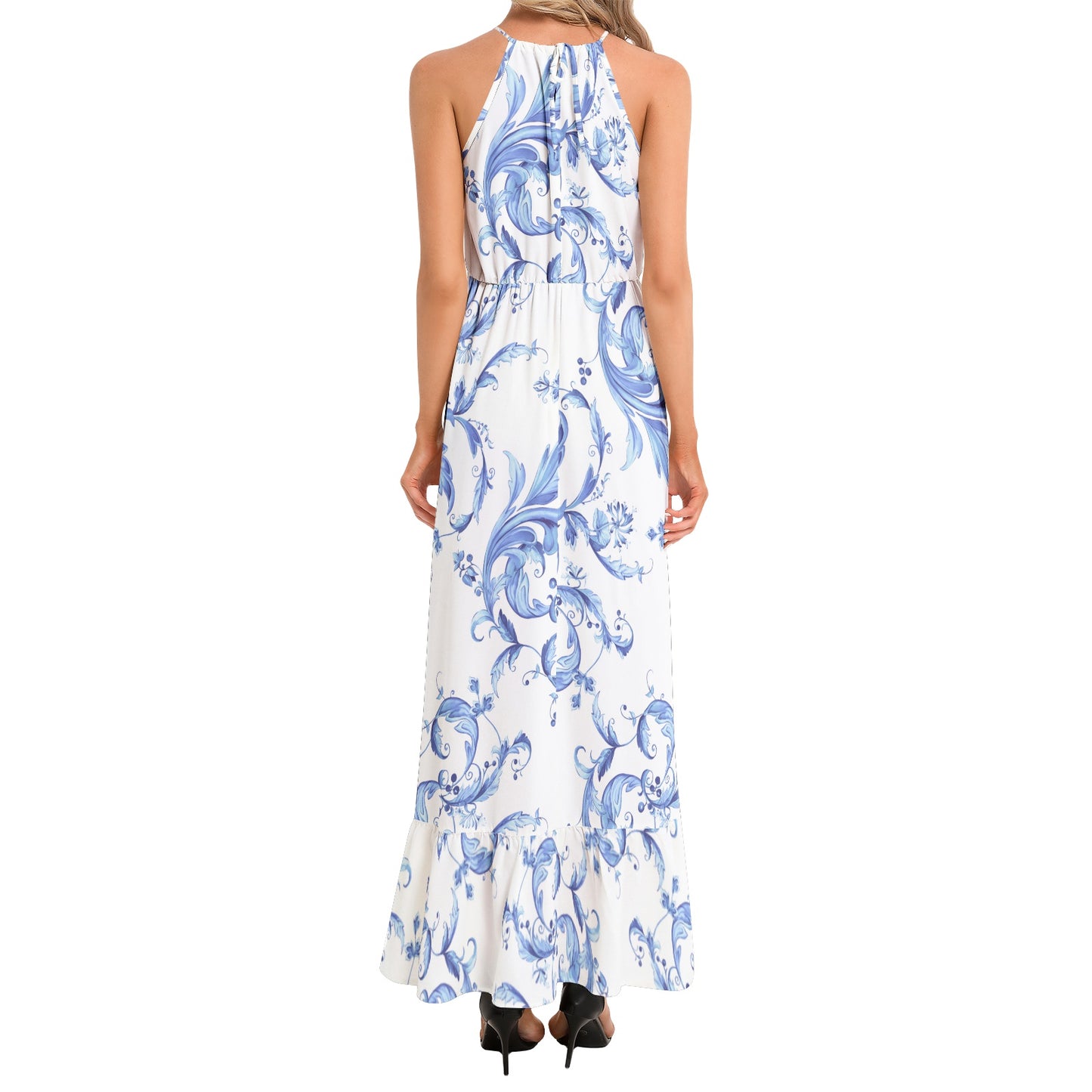 Ruffle Hem Halter Neck Maxi Dress