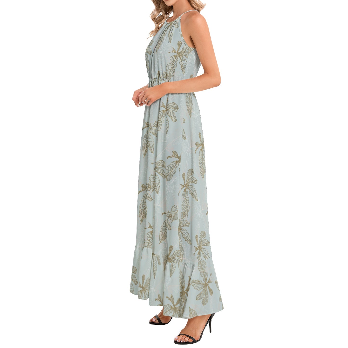 Ruffle Hem Halter Neck Maxi Dress