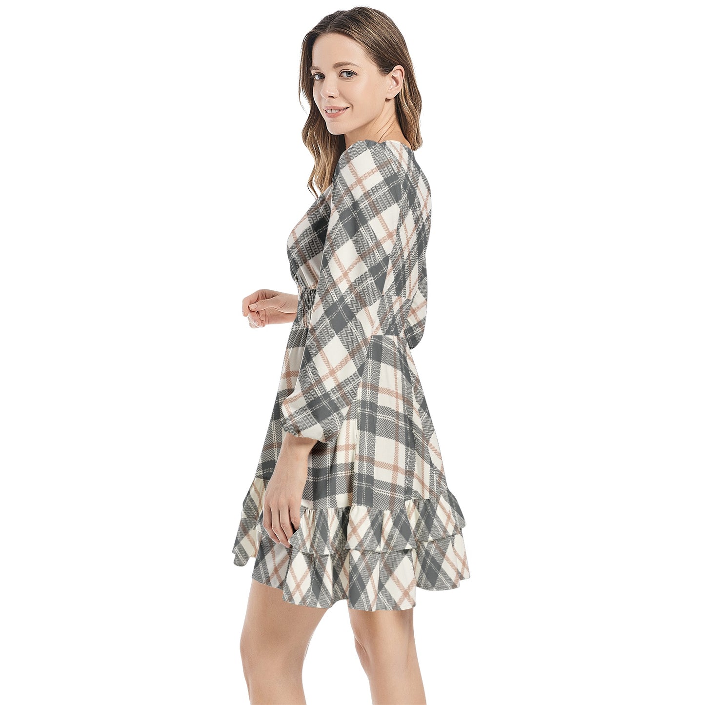 Long Sleeve Tiered Ruffle Hem Elastic Waist Mini Dress