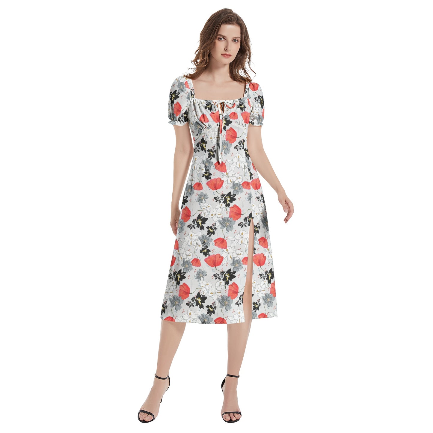 Puff Sleeve Split Thigh Midi Dress