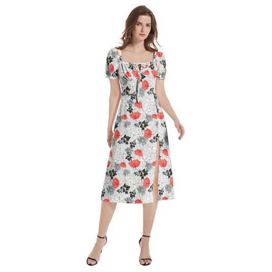 Puff Sleeve Split Thigh Midi Dress