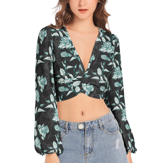 Women's Deep V-Neck Lantern Sleeve Crop Top