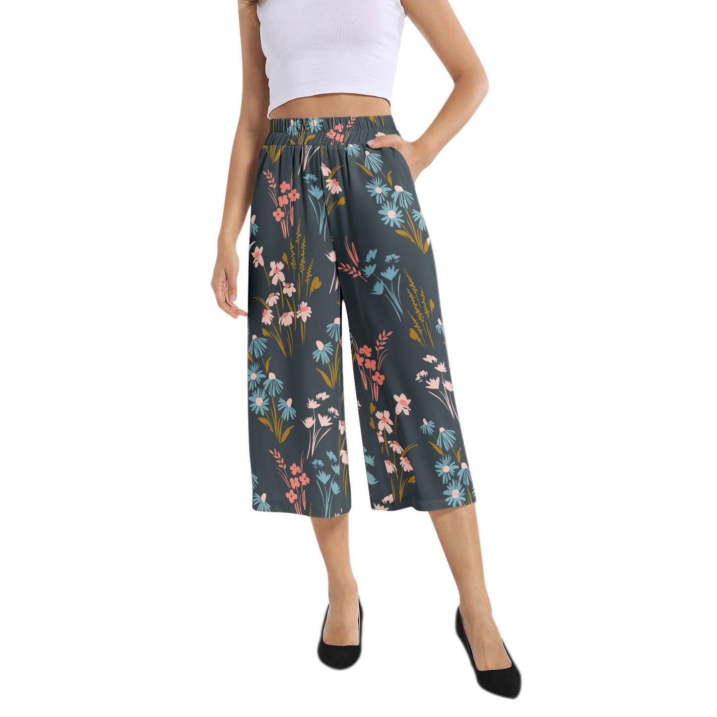 Elastic Waist Capris Wide Leg Pant