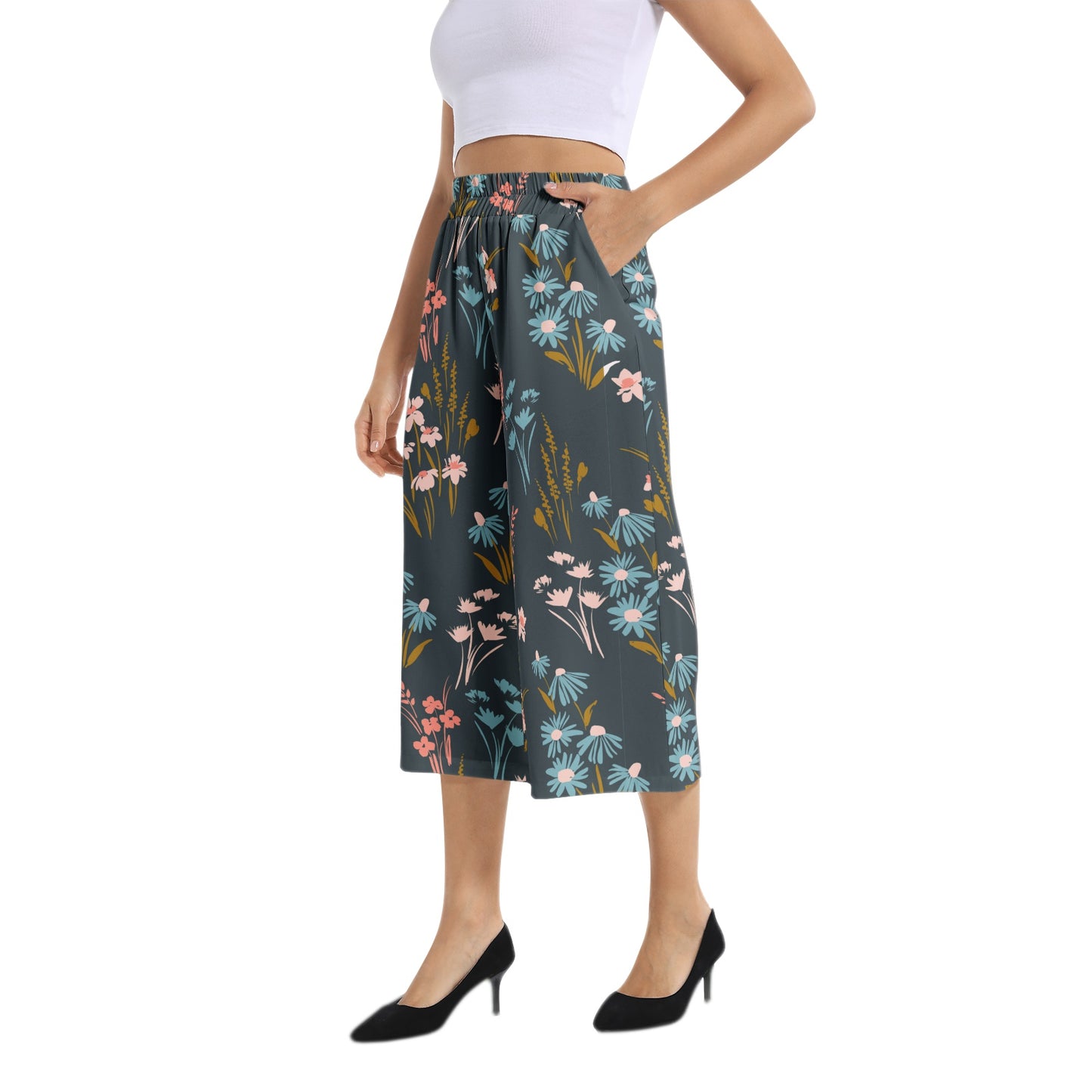 Elastic Waist Capris Wide Leg Pant