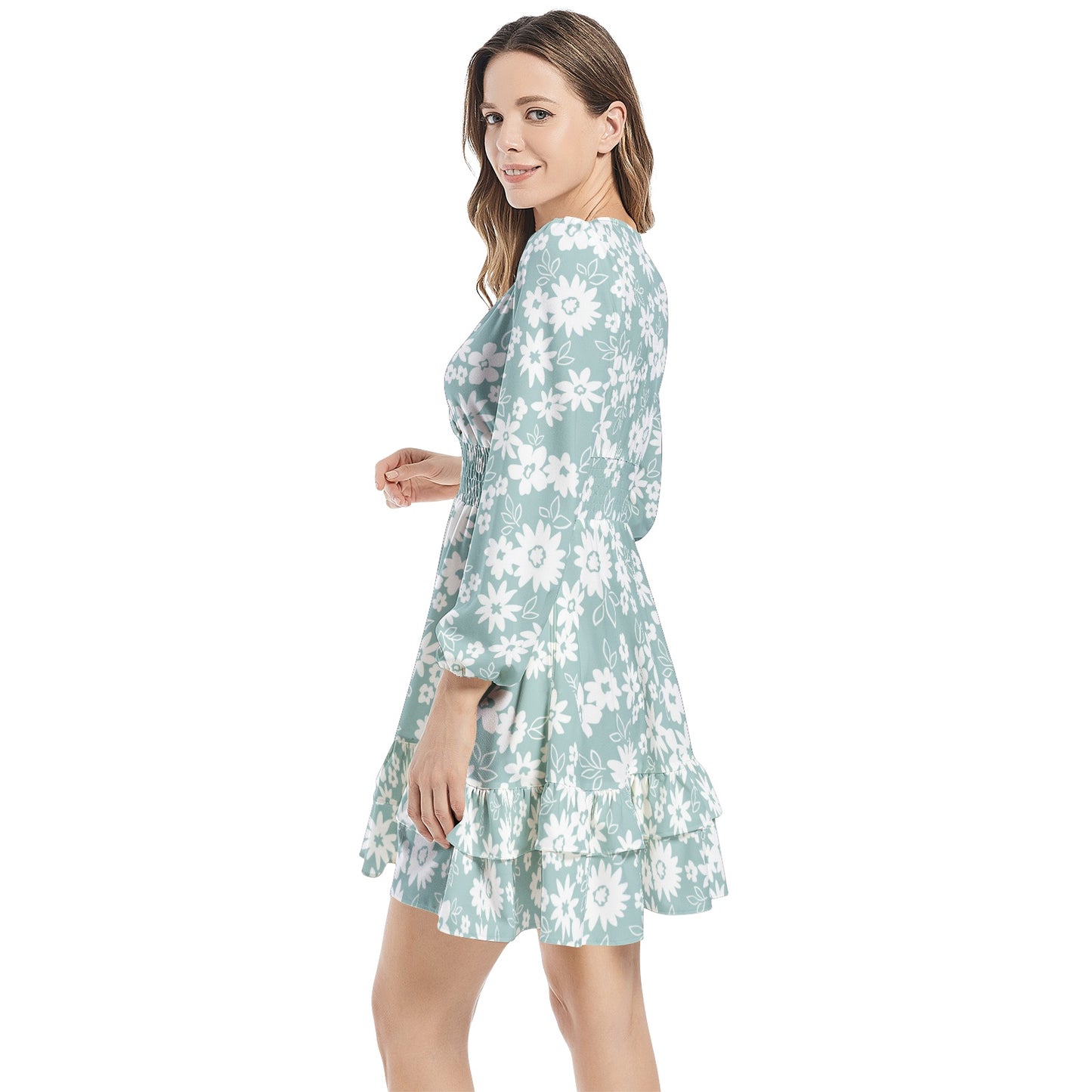 Long Sleeve Tiered Ruffle Hem Elastic Waist Mini Dress