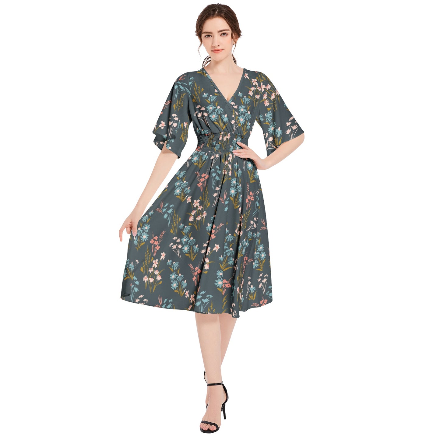 Butterfly Sleeve Shirred High Waist A Line Midi Dress