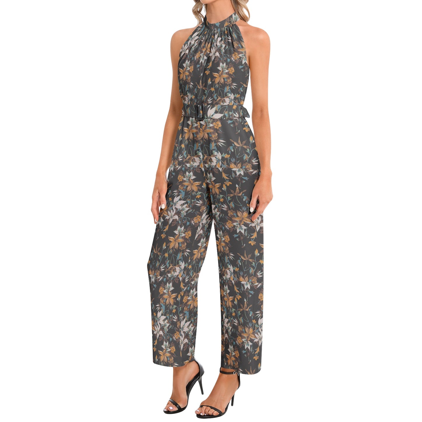 Halter Neck Buckle Belted Jumpsuit