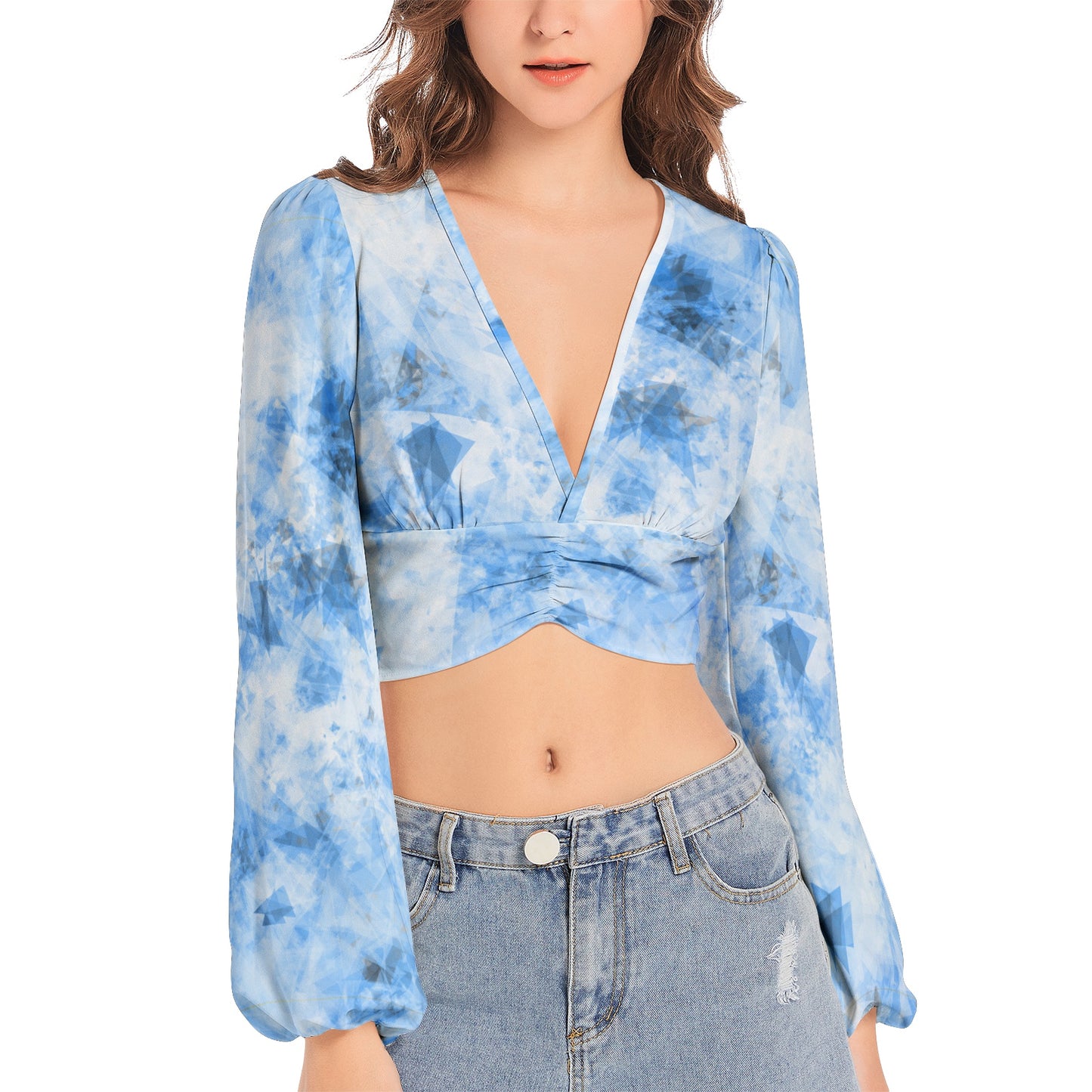 Women's Deep V-Neck Lantern Sleeve Crop Top