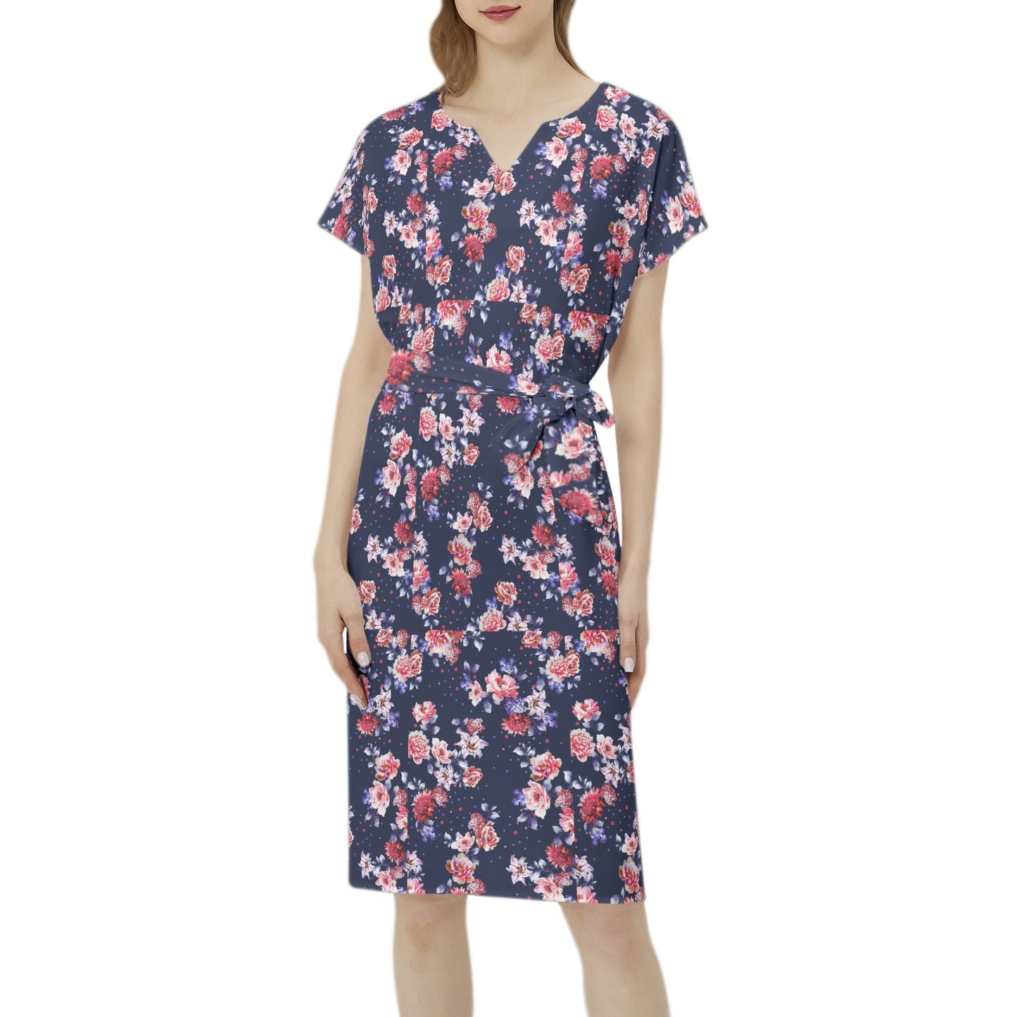 Betwing Seleeve Notch Neck Casual Dress with Belt