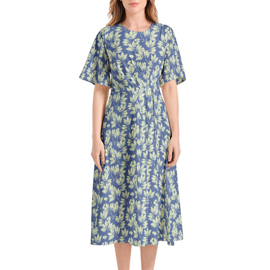 Short Sleeve Waist Folding Midi Dress