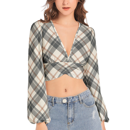 Women's Deep V-Neck Lantern Sleeve Crop Top