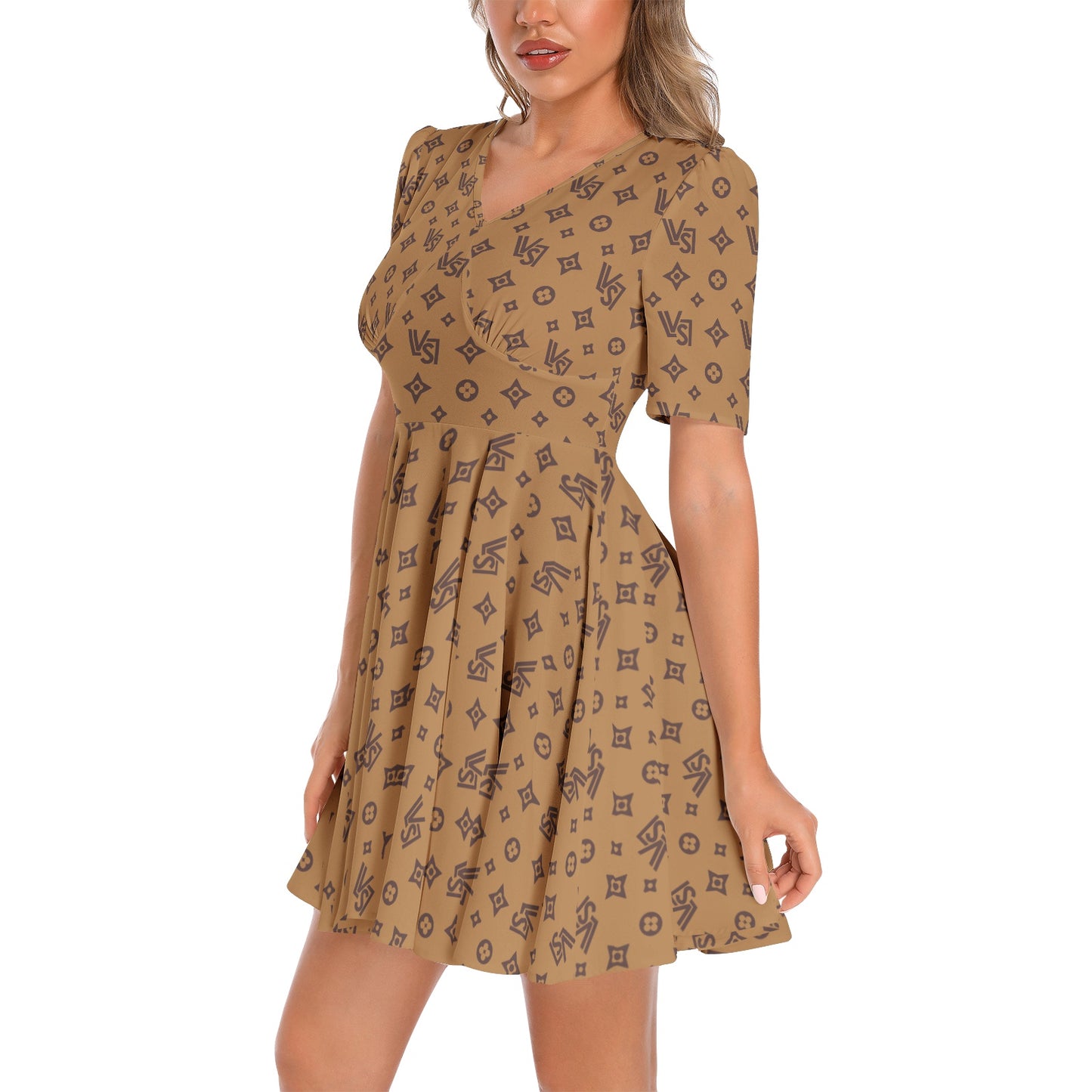 Short Sleeve Ruched Bust Flared Hem Dress