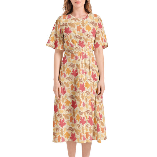 Short Sleeve Waist Folding Midi Dress