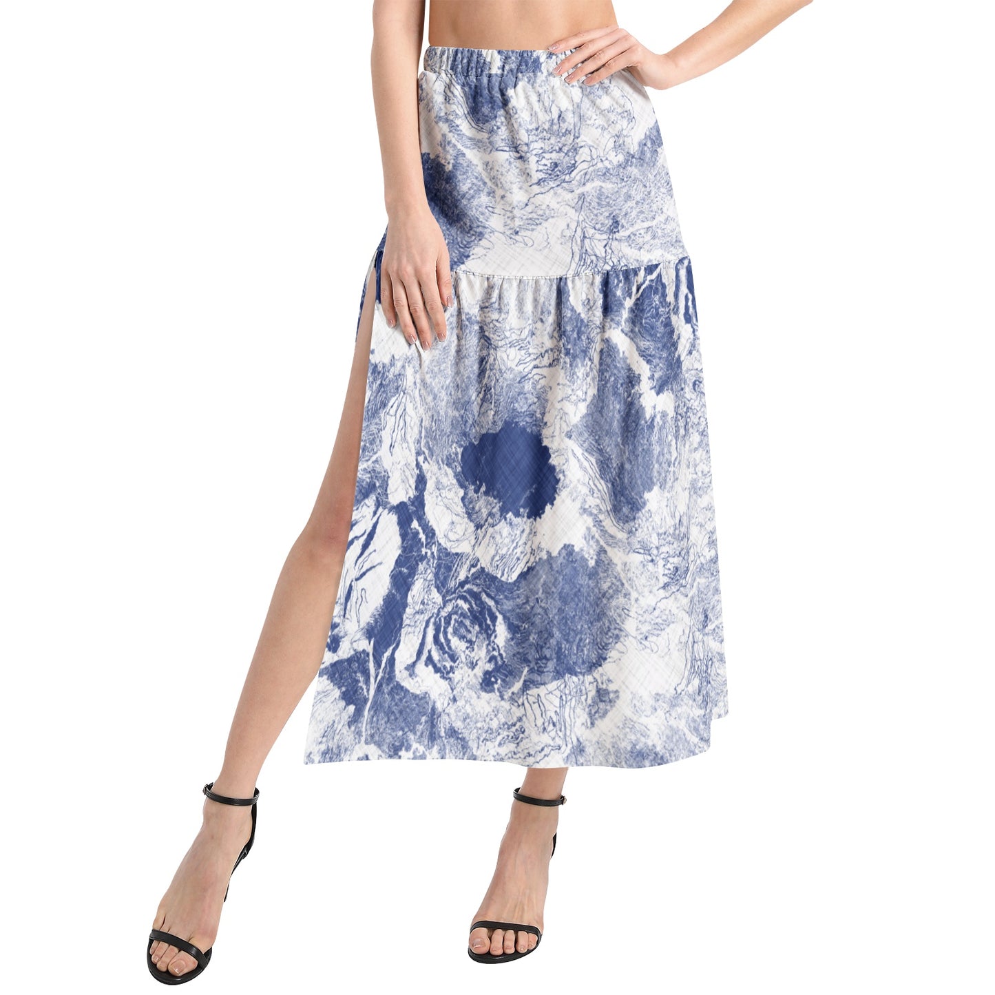 Elastic Waist Ruffle Slit Hem Skirt