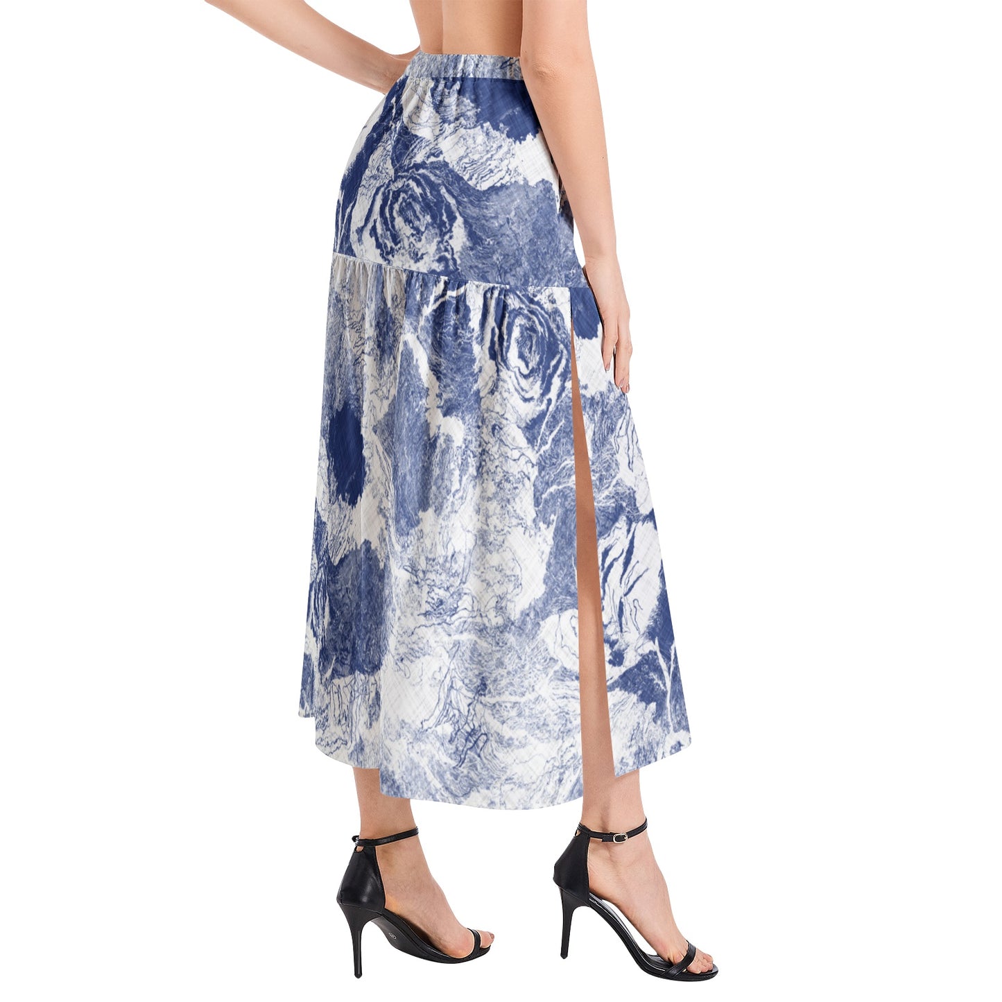 Elastic Waist Ruffle Slit Hem Skirt