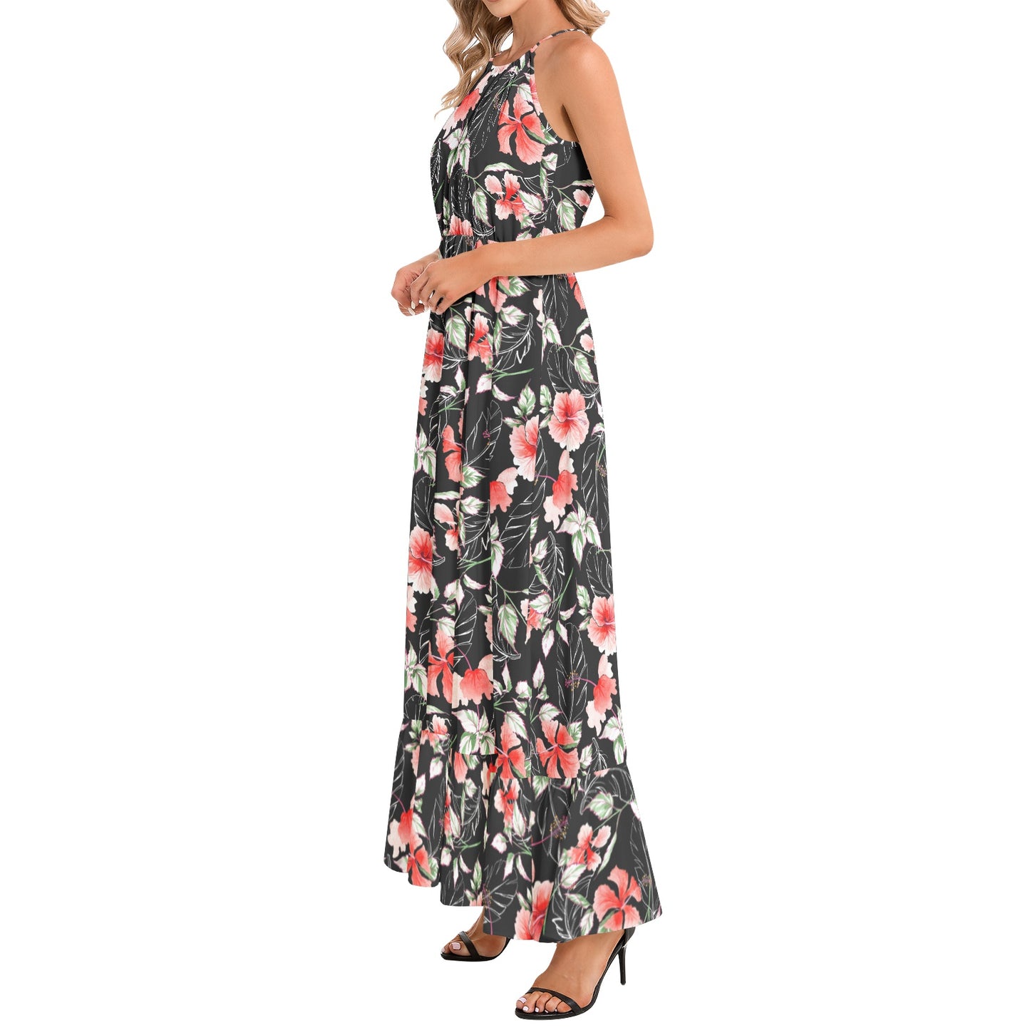 Ruffle Hem Halter Neck Maxi Dress