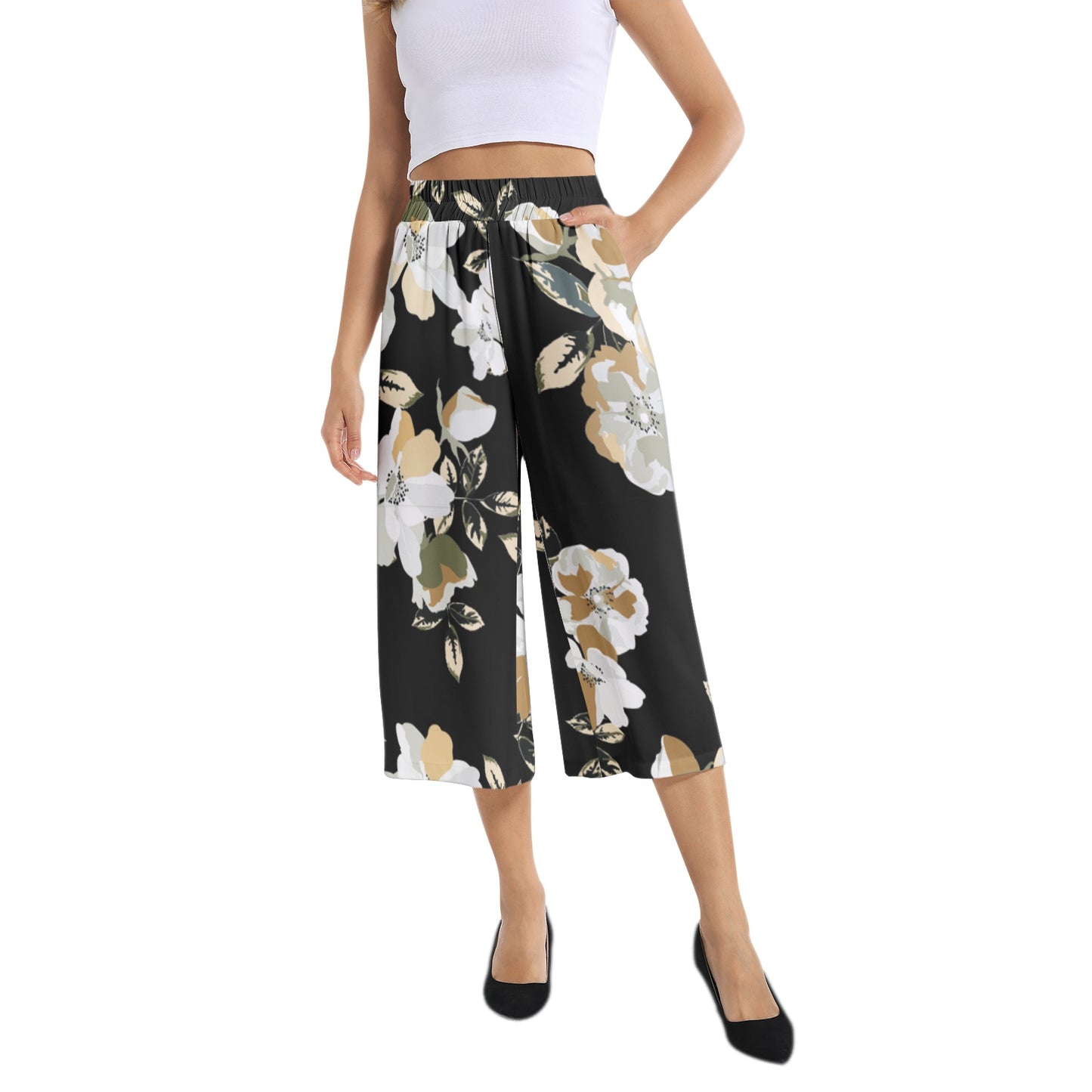 Elastic Waist Capris Wide Leg Pant