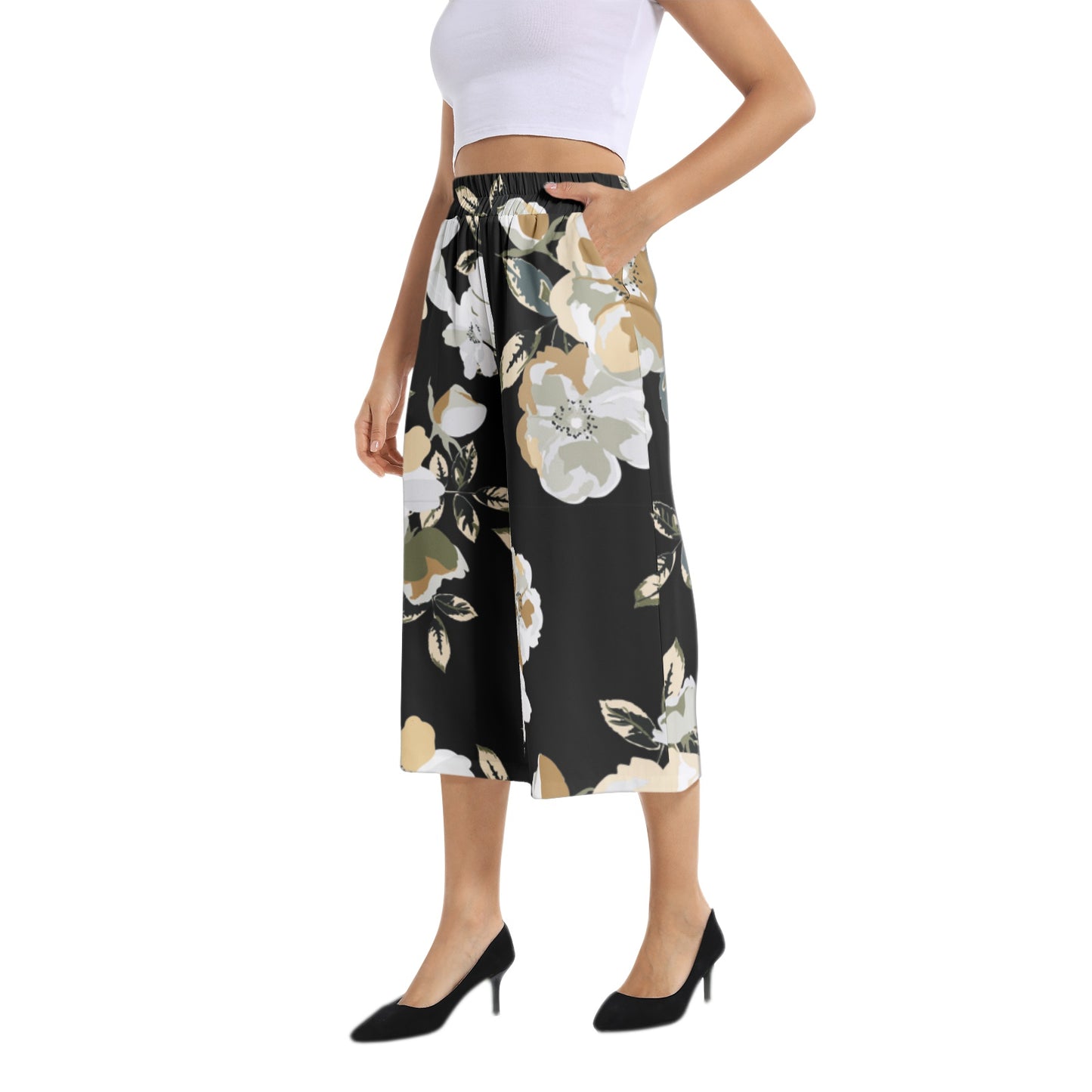 Elastic Waist Capris Wide Leg Pant