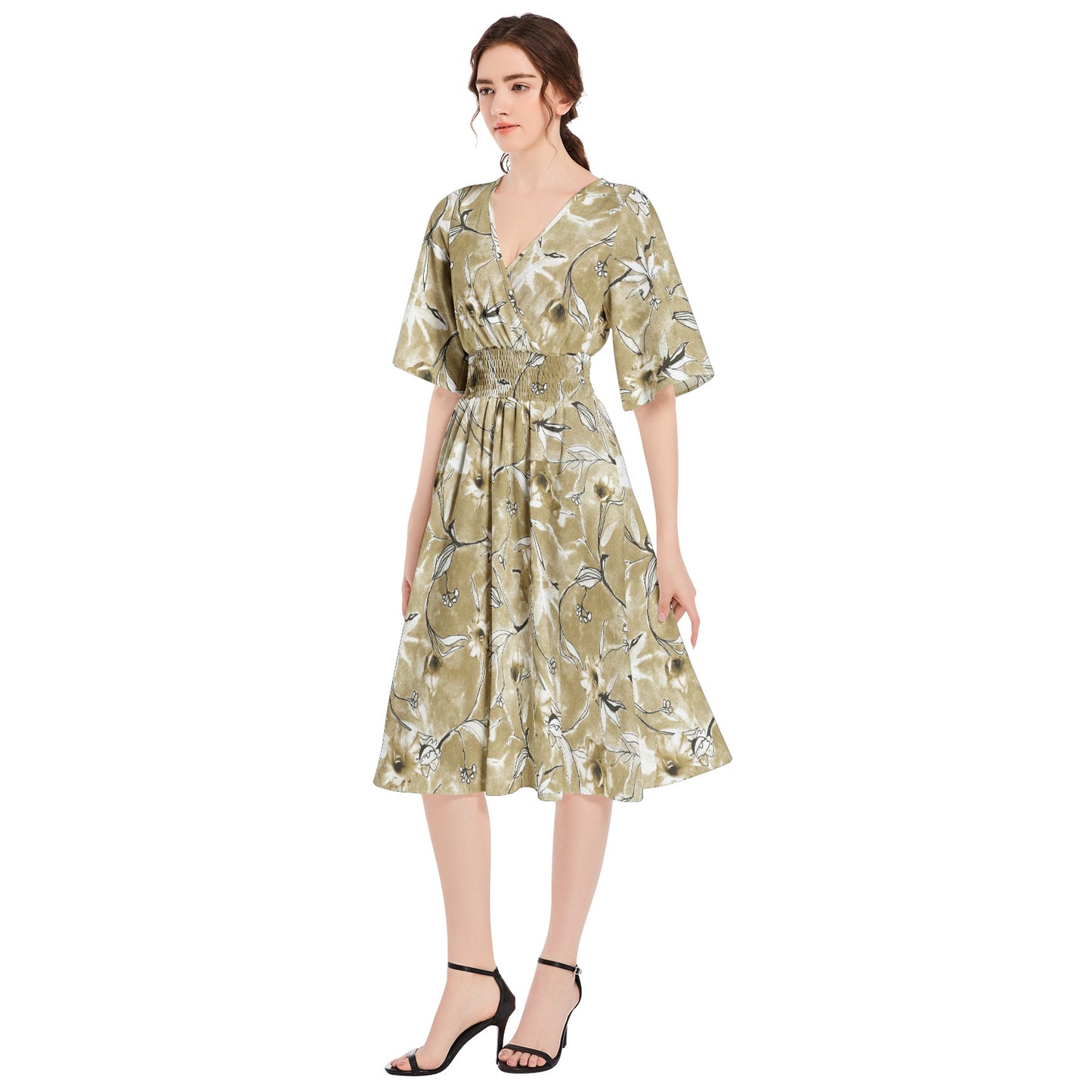 Butterfly Sleeve Shirred High Waist A Line Midi Dress