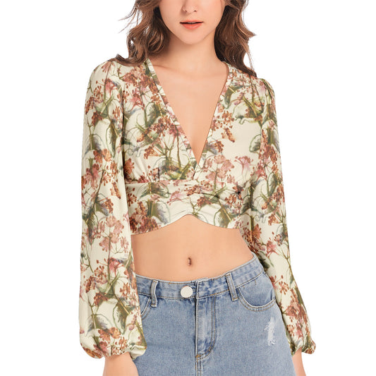 Women's Deep V-Neck Lantern Sleeve Crop Top