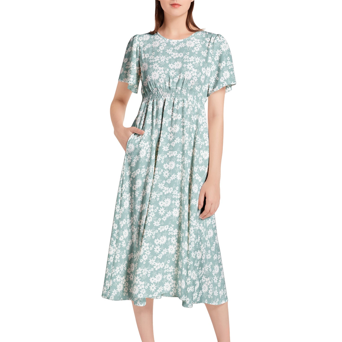 Short Sleeve Shirred Waist Midi Dress