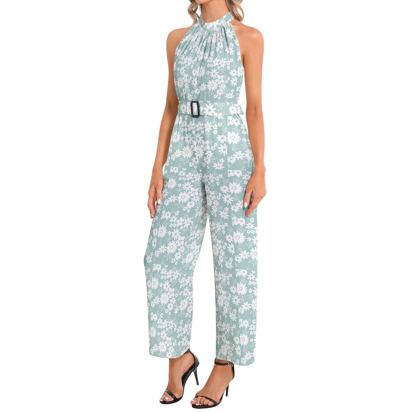 Halter Neck Buckle Belted Jumpsuit