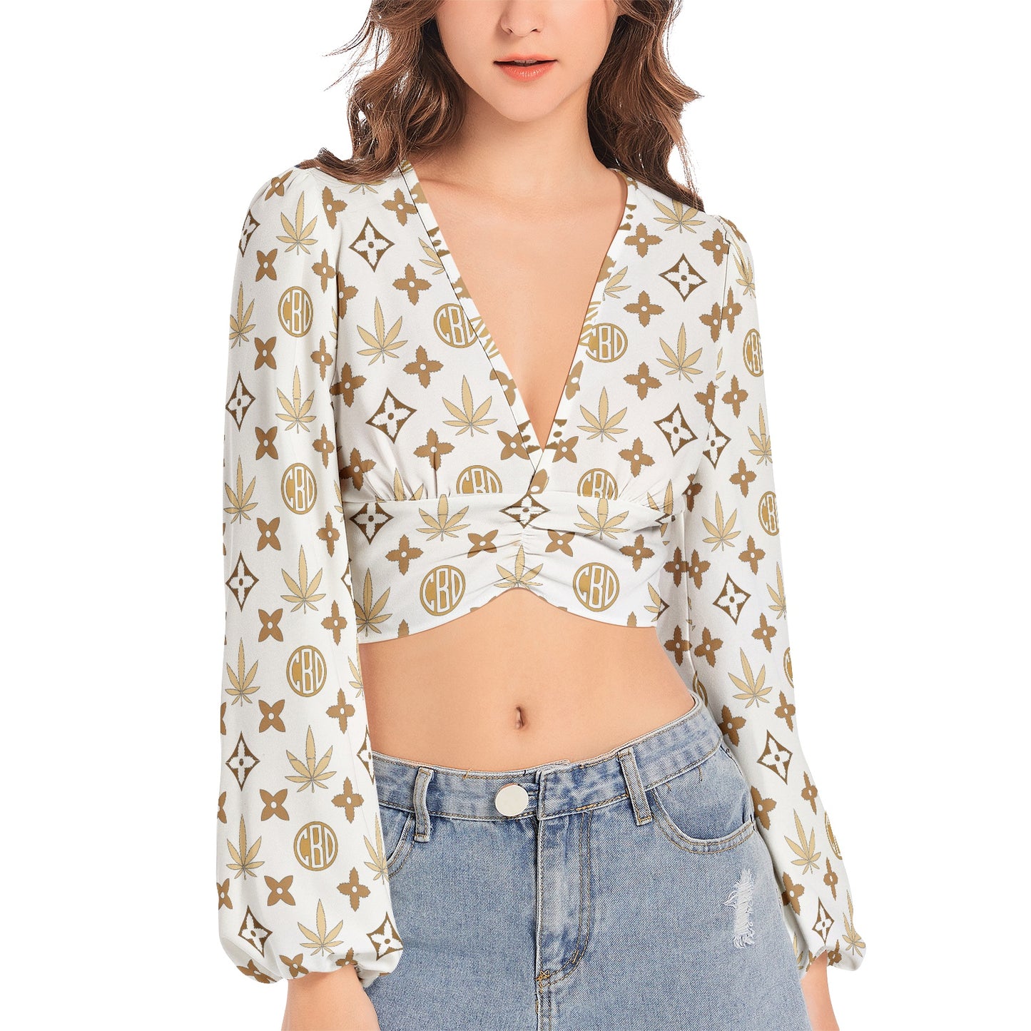 Women's Deep V-Neck Lantern Sleeve Crop Top