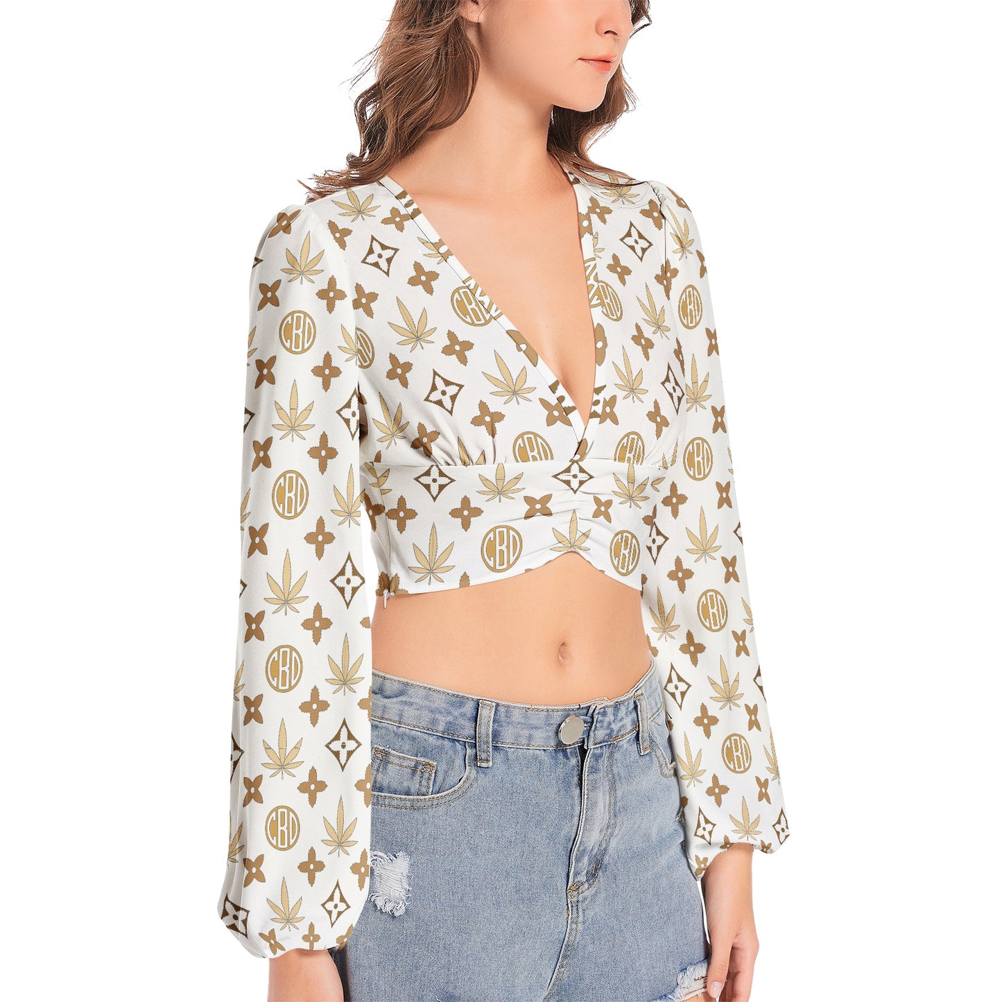 Women's Deep V-Neck Lantern Sleeve Crop Top