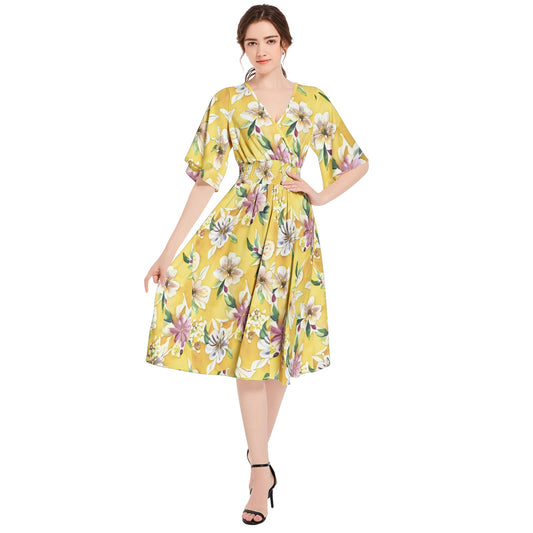 Butterfly Sleeve Shirred High Waist A Line Midi Dress