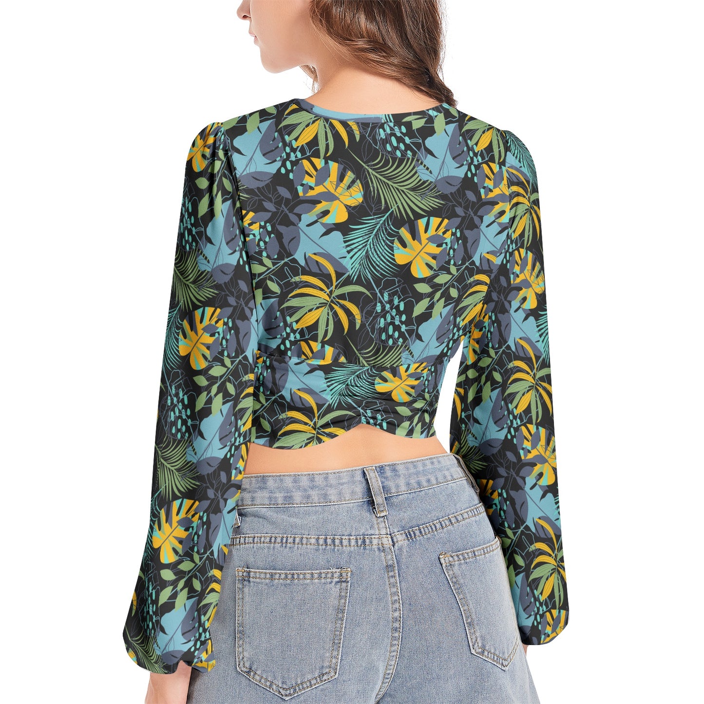 Women's Deep V-Neck Lantern Sleeve Crop Top