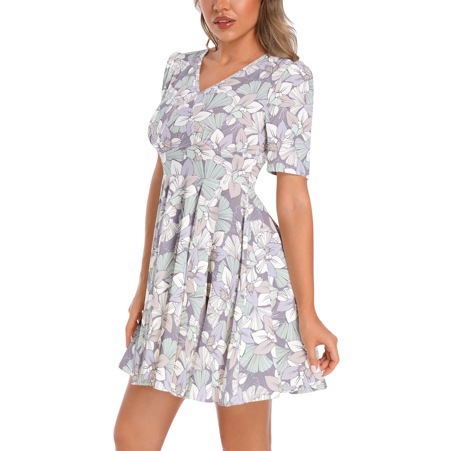 Short Sleeve Ruched Bust Flared Hem Dress