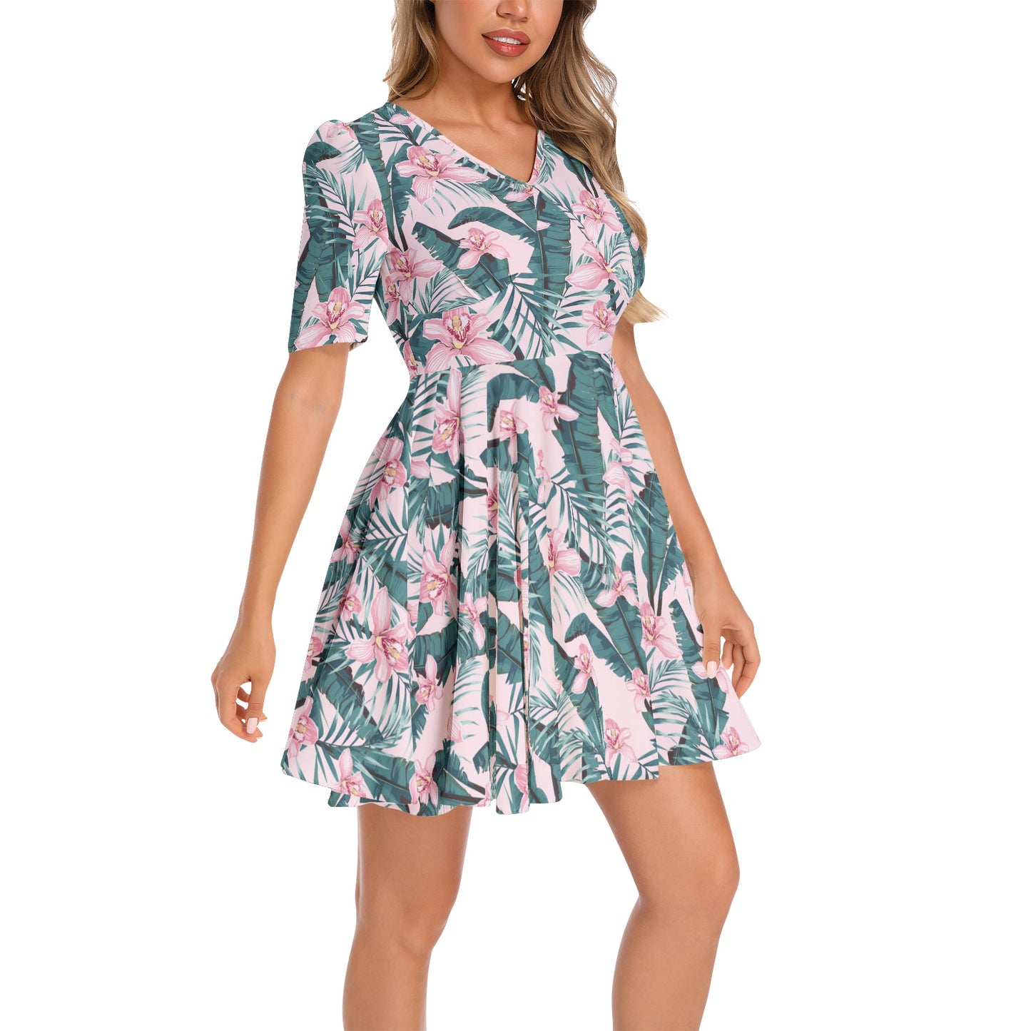 Short Sleeve Ruched Bust Flared Hem Dress