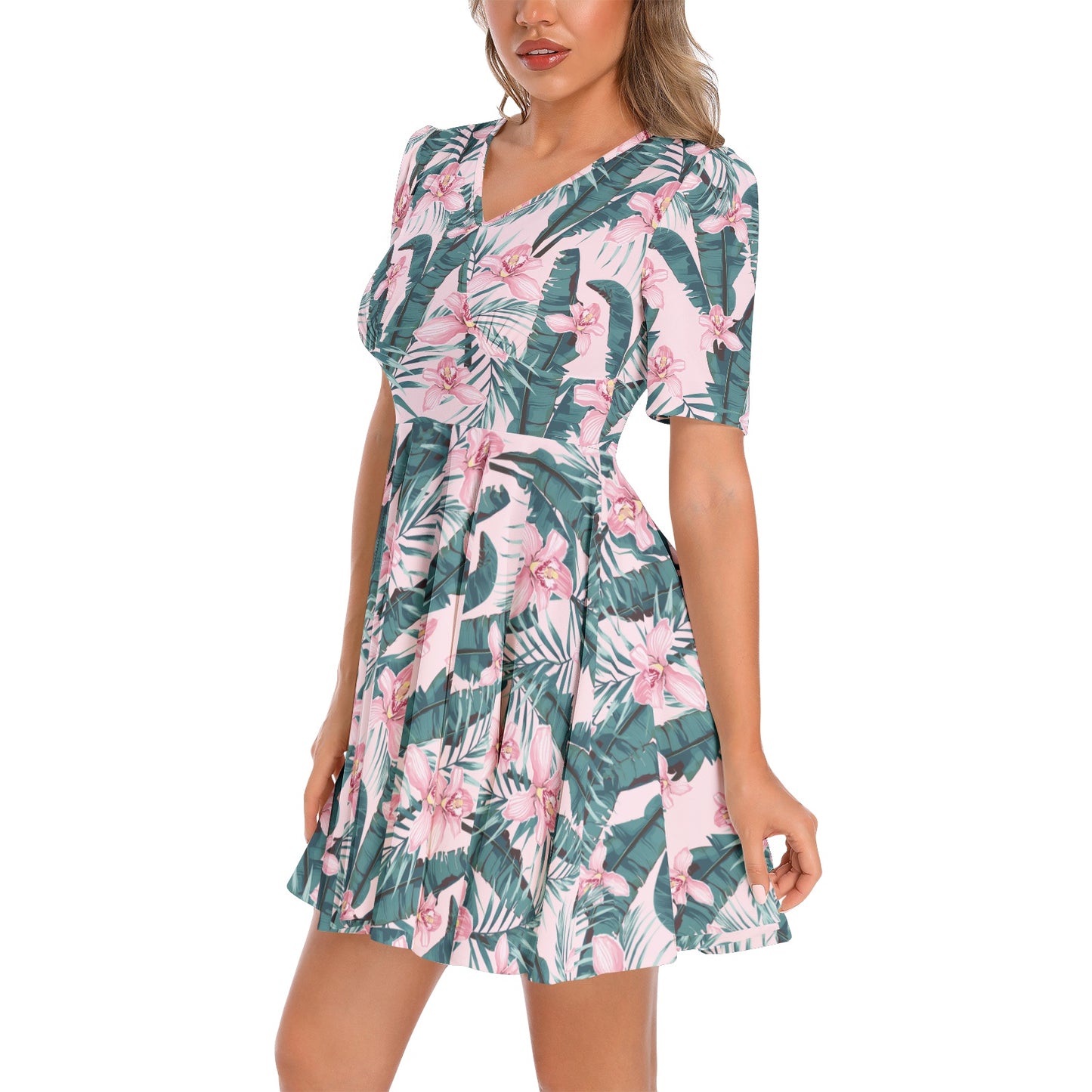 Short Sleeve Ruched Bust Flared Hem Dress