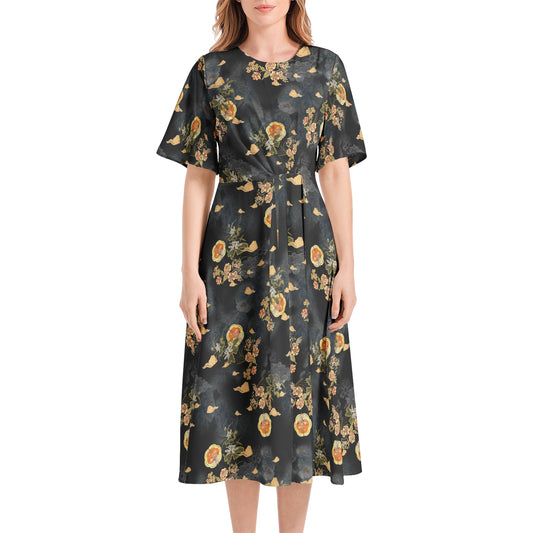 Short Sleeve Waist Folding Midi Dress