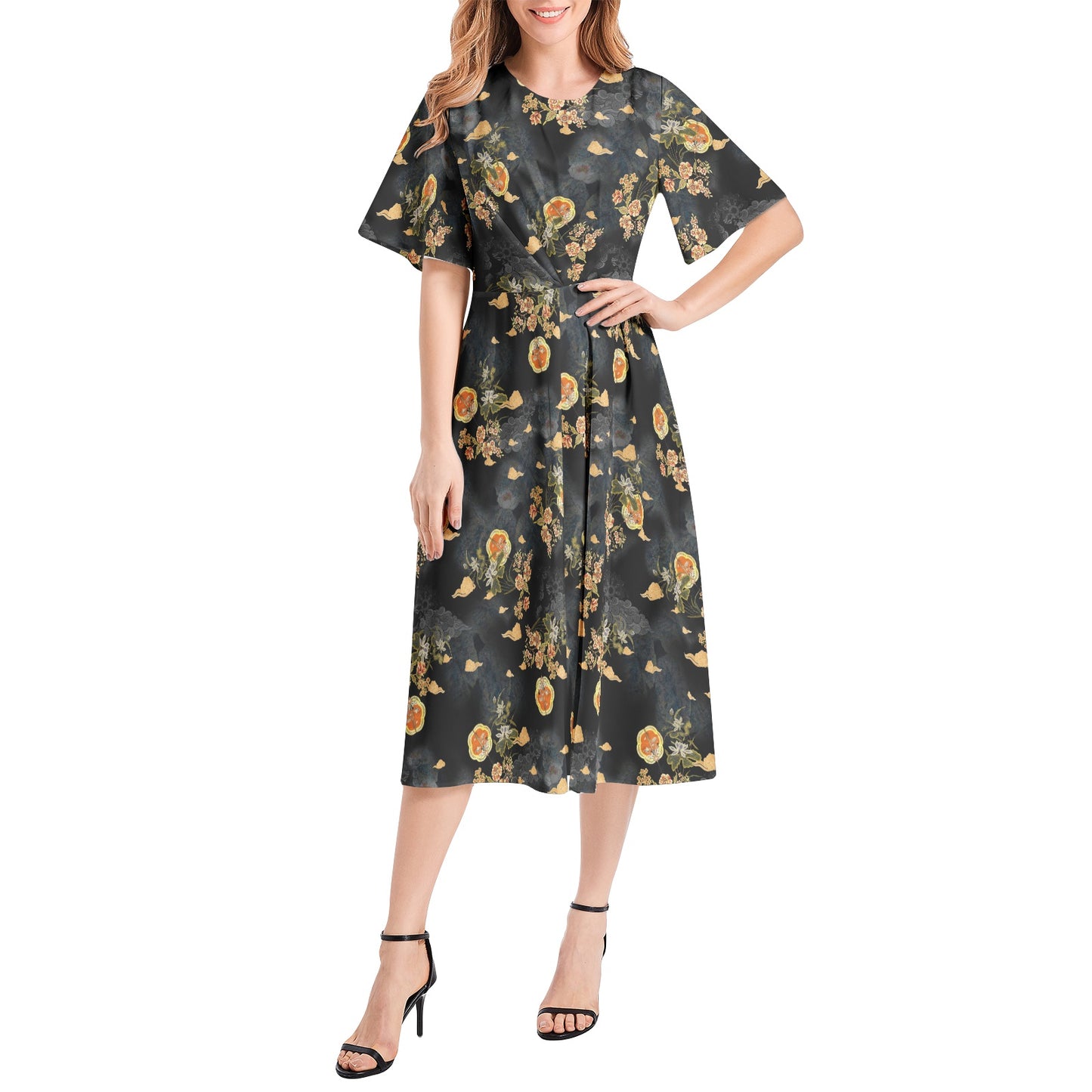 Short Sleeve Waist Folding Midi Dress