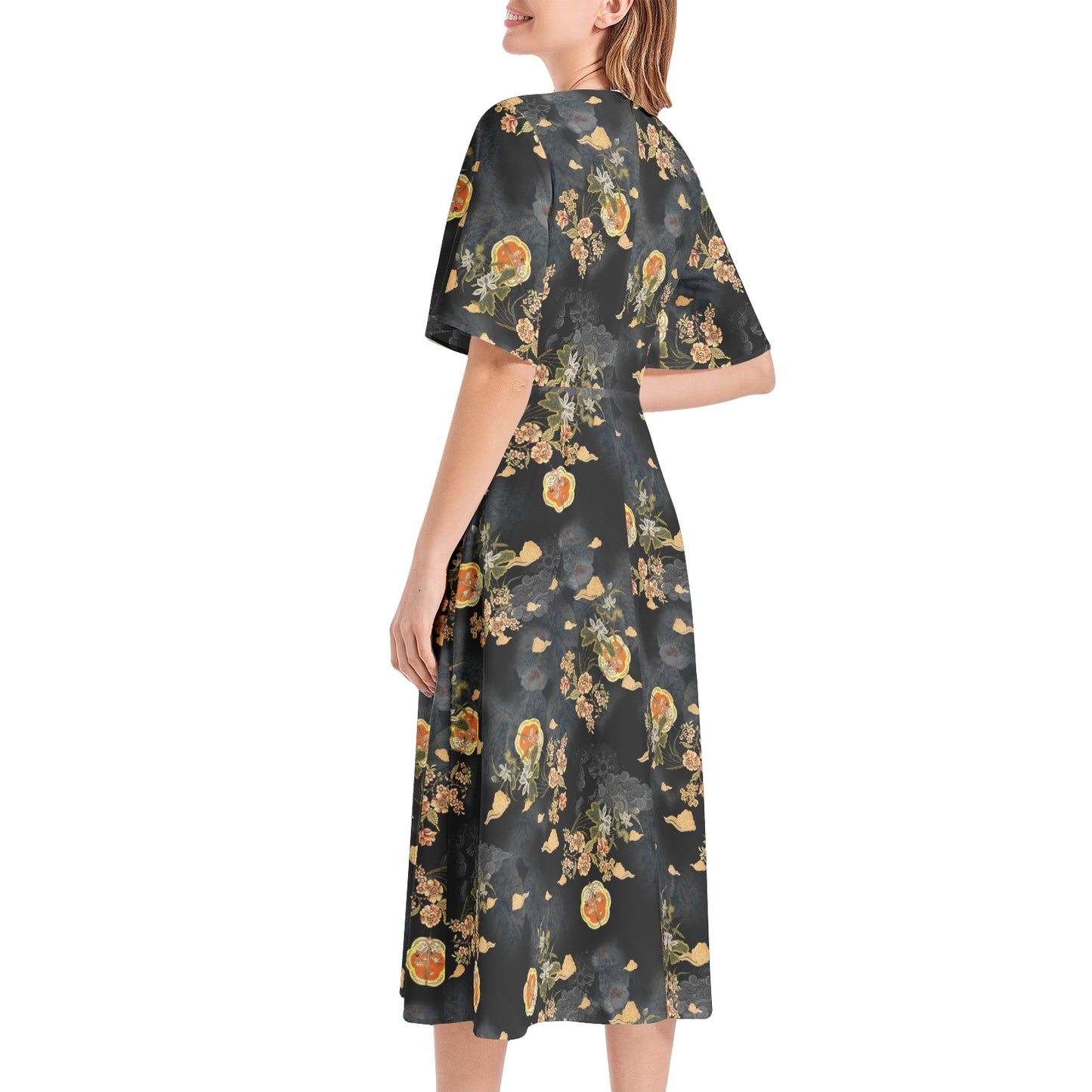 Short Sleeve Waist Folding Midi Dress