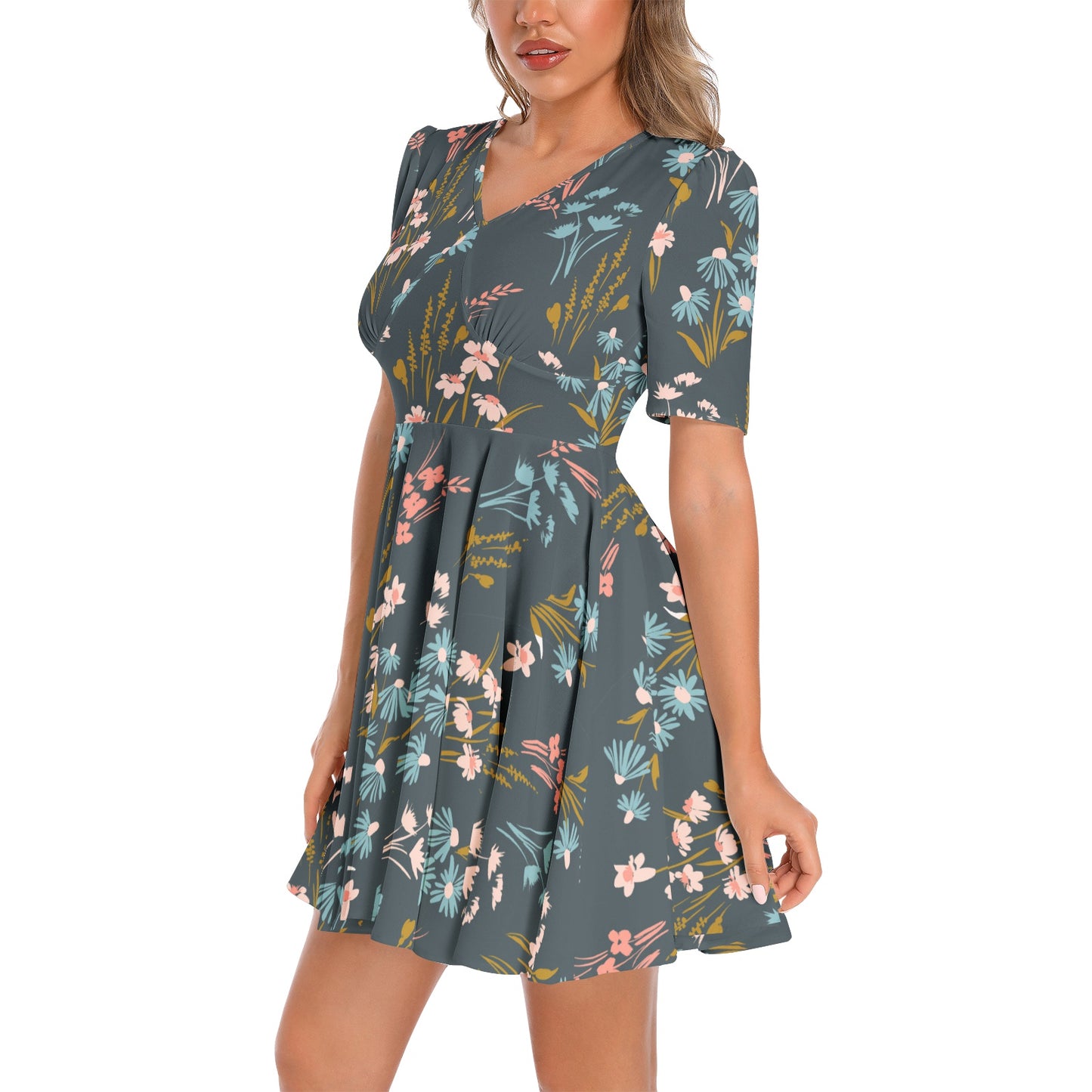 Short Sleeve Ruched Bust Flared Hem Dress