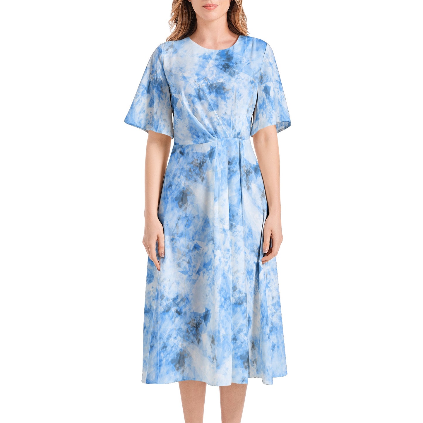 Short Sleeve Waist Folding Midi Dress